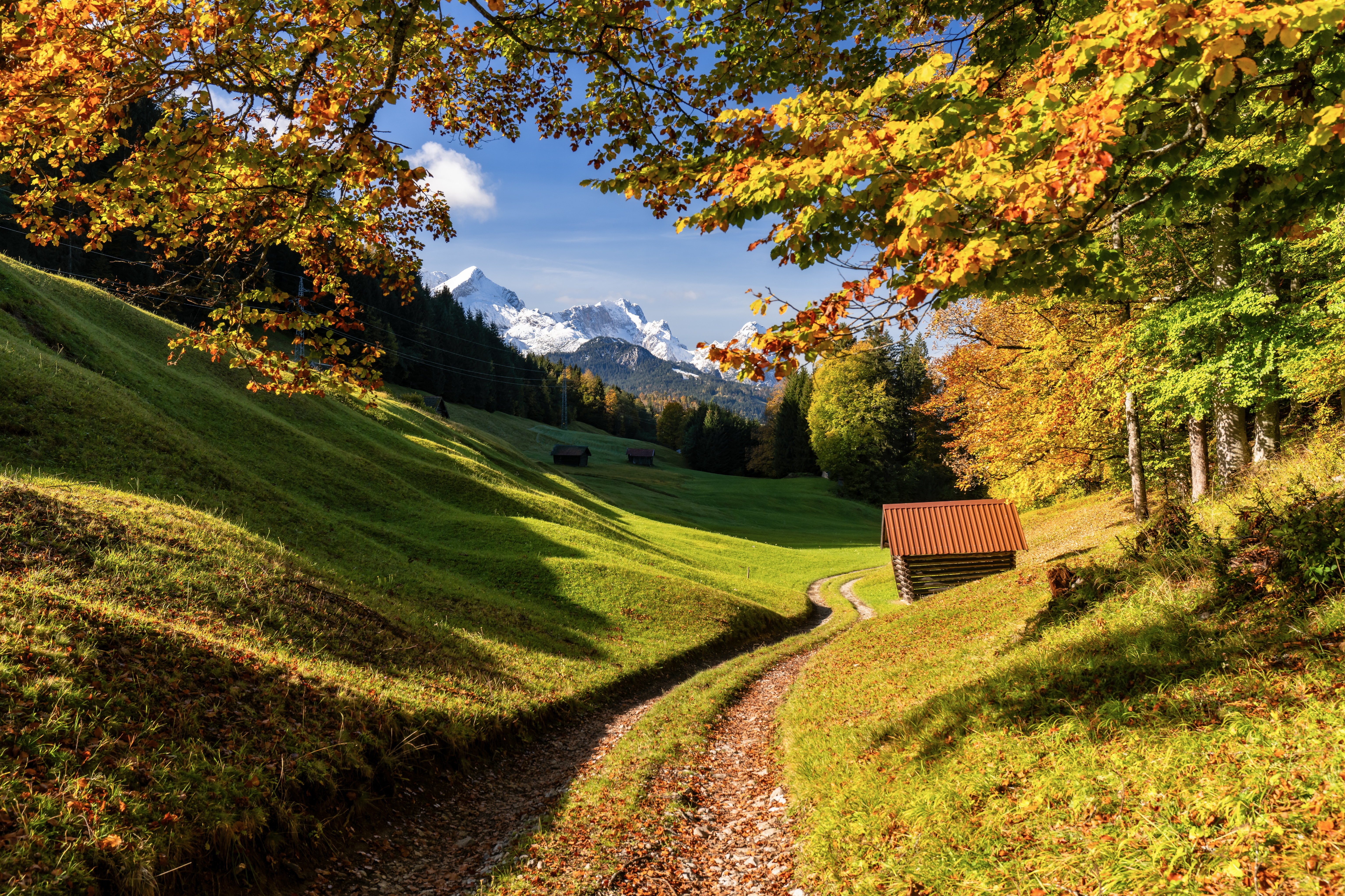 Nature Landscape Trees Dirt Road Fall Cabin Mountains Leaves Snowy Peak Grass Hill Forest Bavaria Ge 6144x4096