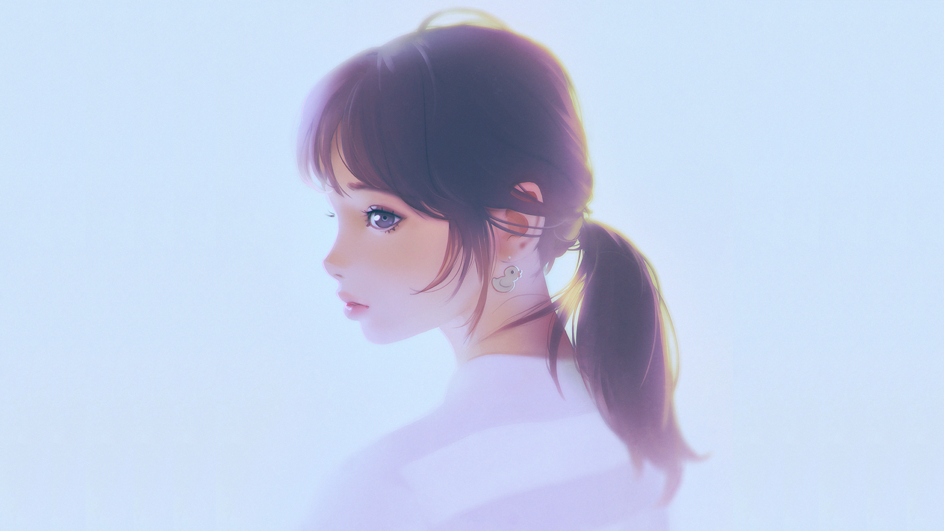 Brunette Looking At Viewer Blue Background Ponytail Digital Art Women Artwork Ilya Kuvshinov 1920x1080