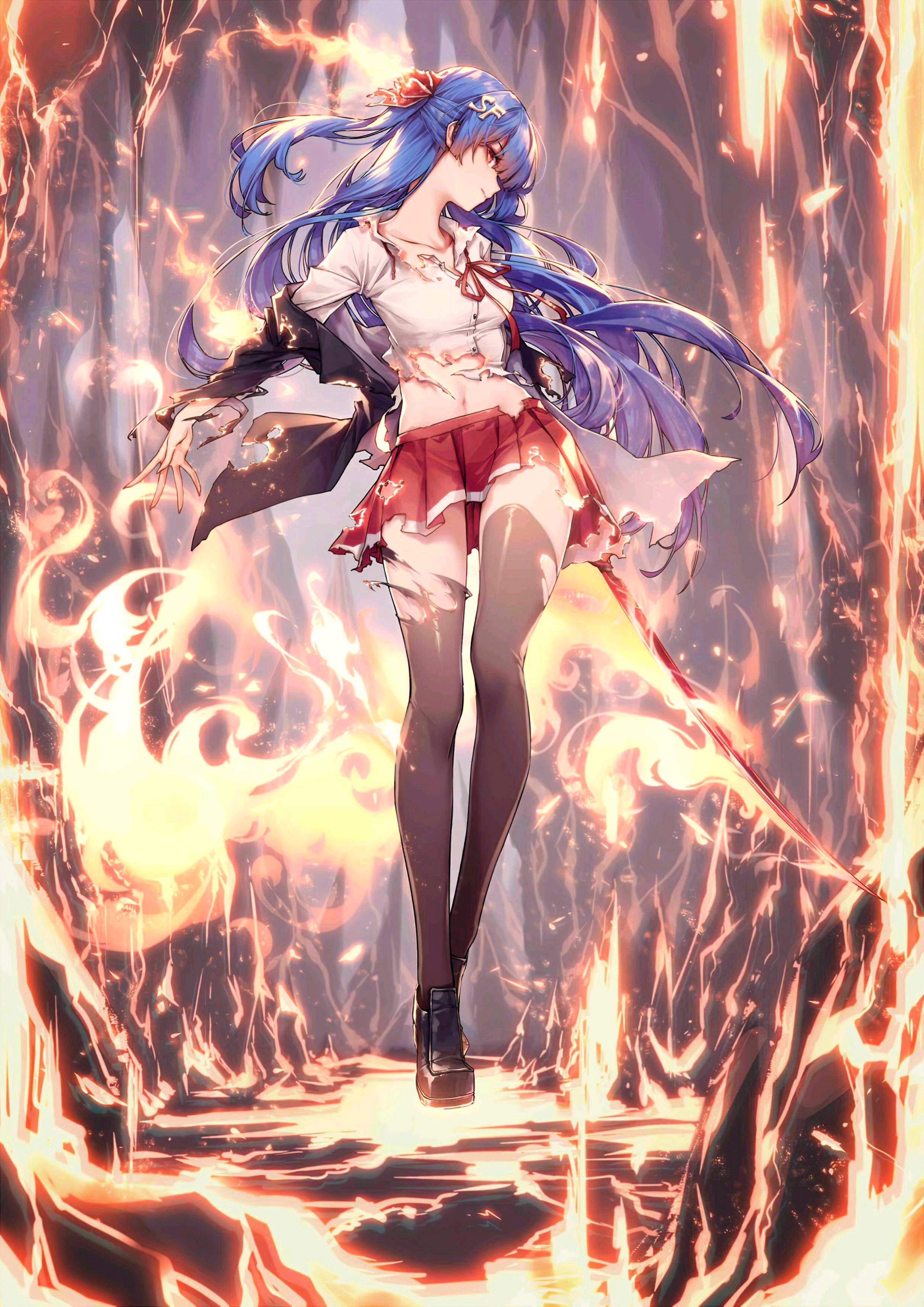 Magic Anime Anime Girls Blue Hair Standing Girls With Swords Legs Long Hair Fire Red Eyes Ripped Clo 2422x3424