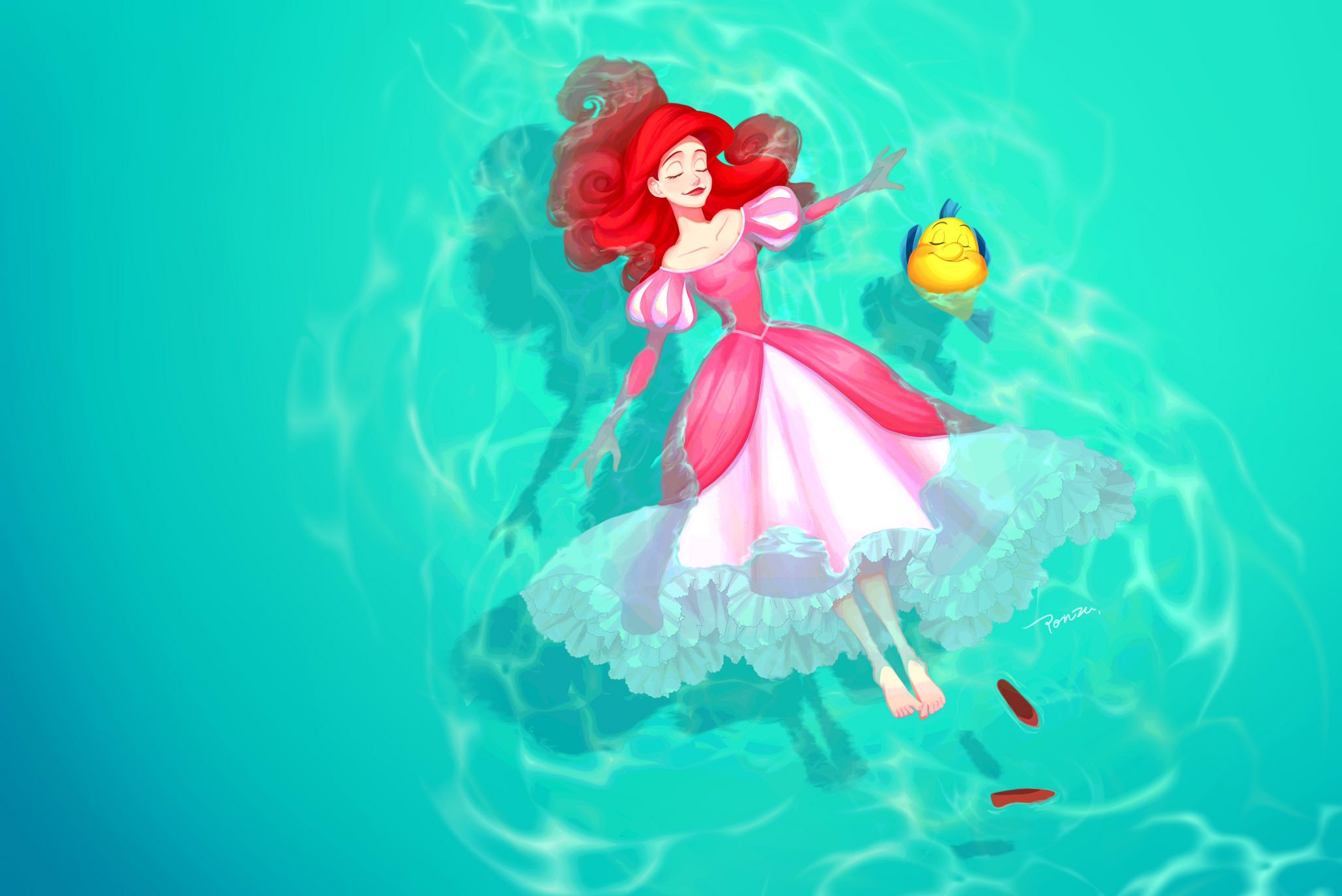 Ariel The Little Mermaid Dress Feet Flounder The Little Mermaid Girl Pink Dress Red Hair The Little  2048x1368