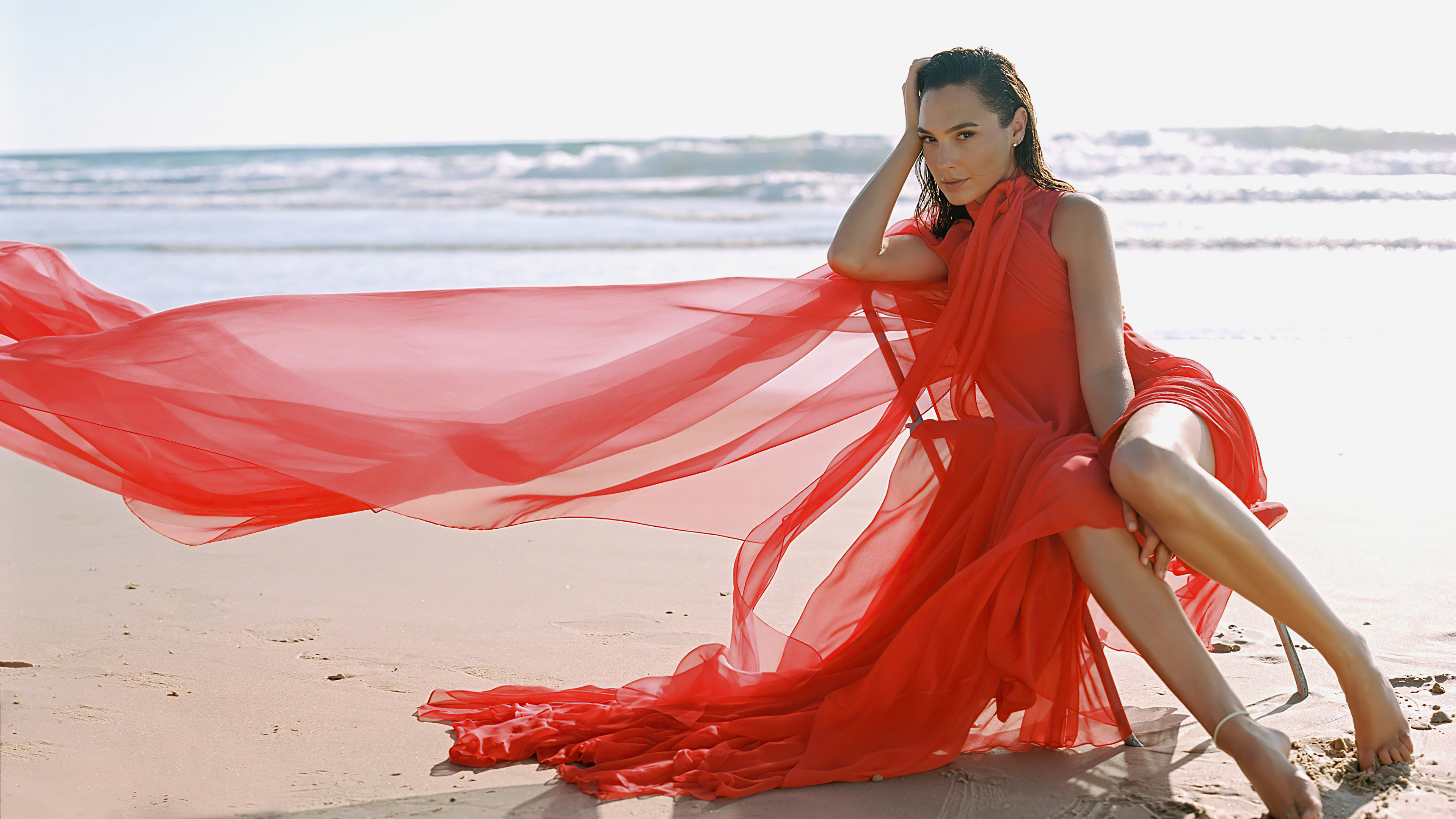 Gal Gadot Actress Brunette Beach Red Dress Legs Looking At Viewer Hand On Head 3840x2160