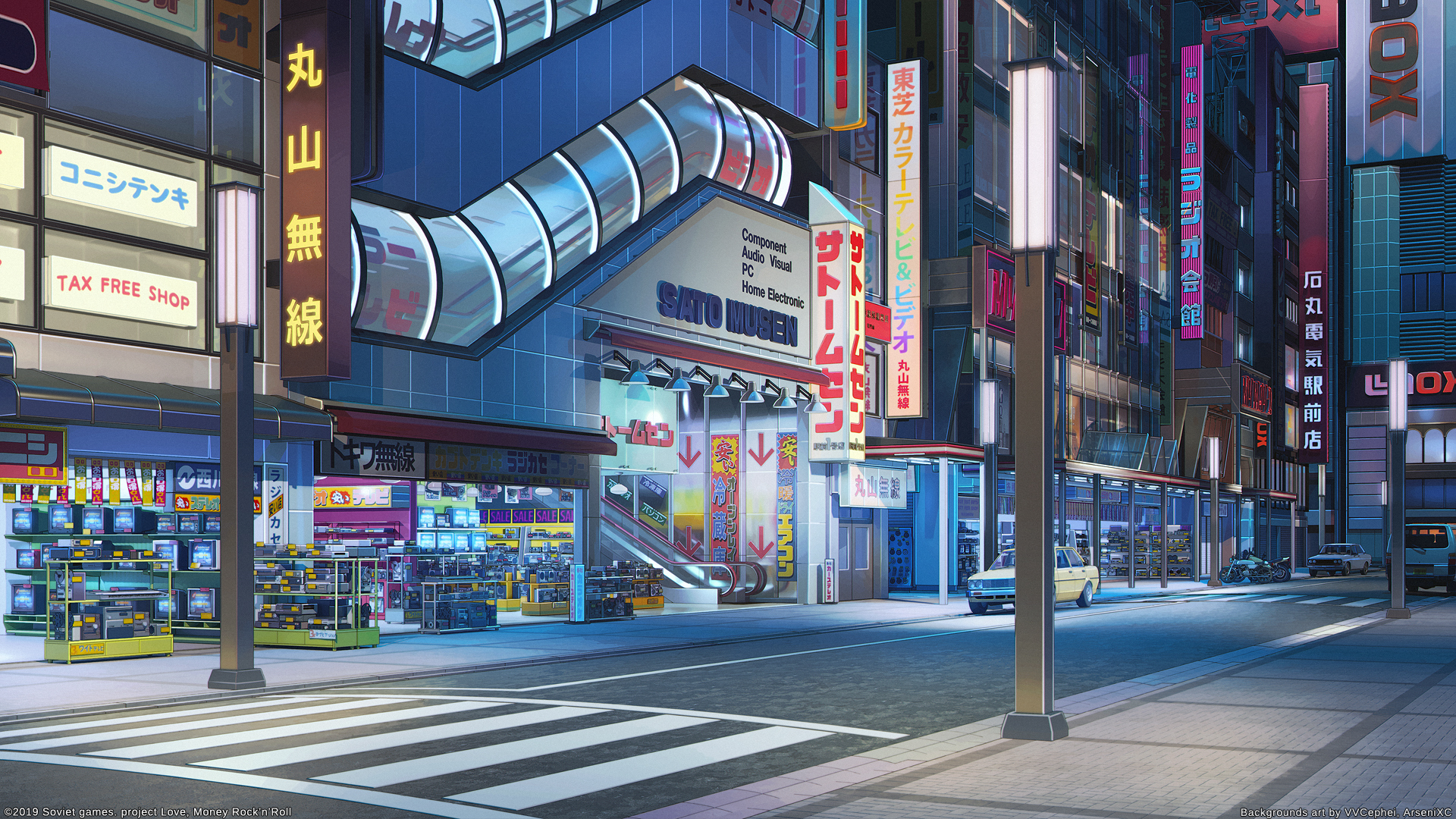 Digital Art ArseniXC CG Street Akihabara Stores Night Building Video Game Art 1920x1080
