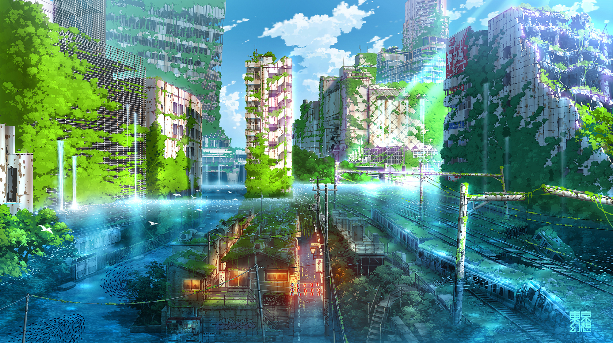 Cityscape Ruins Digital Art City Clouds Water Fish Train Stairs Trees 2000x1120
