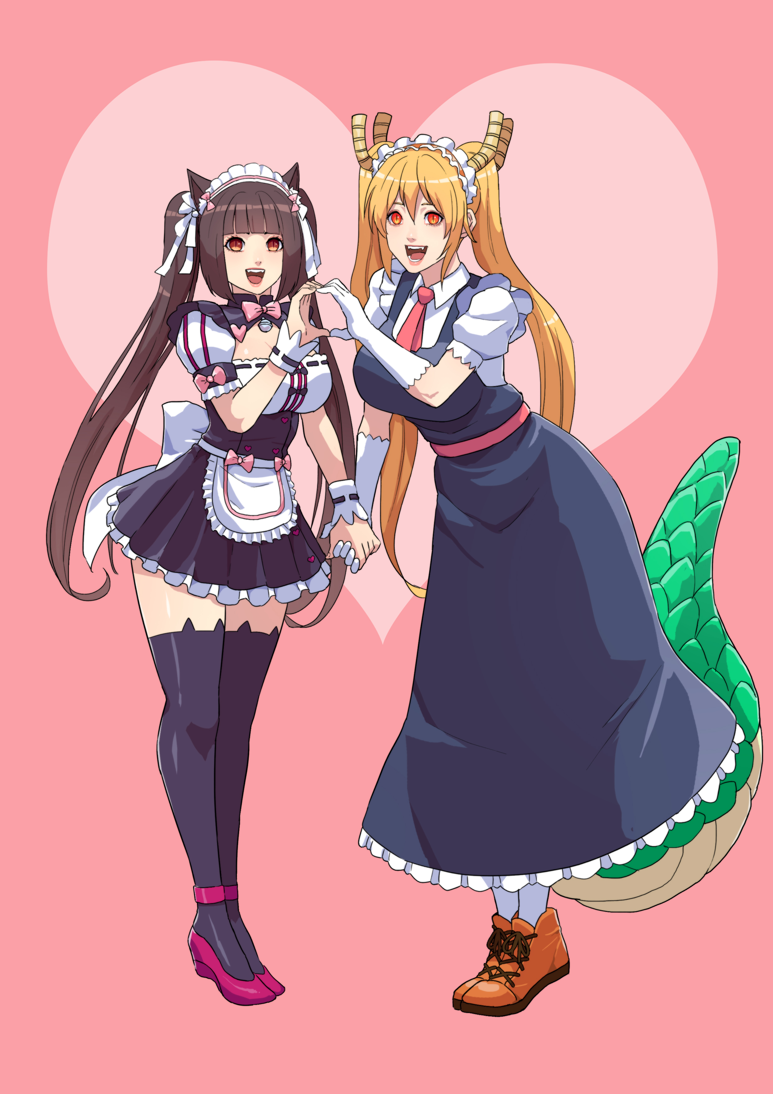Kobayashi San Chi No Maid Dragon Horns Neko Para Crossover Cat Girl Nekomimi Monster Girl Twintails  2480x3508