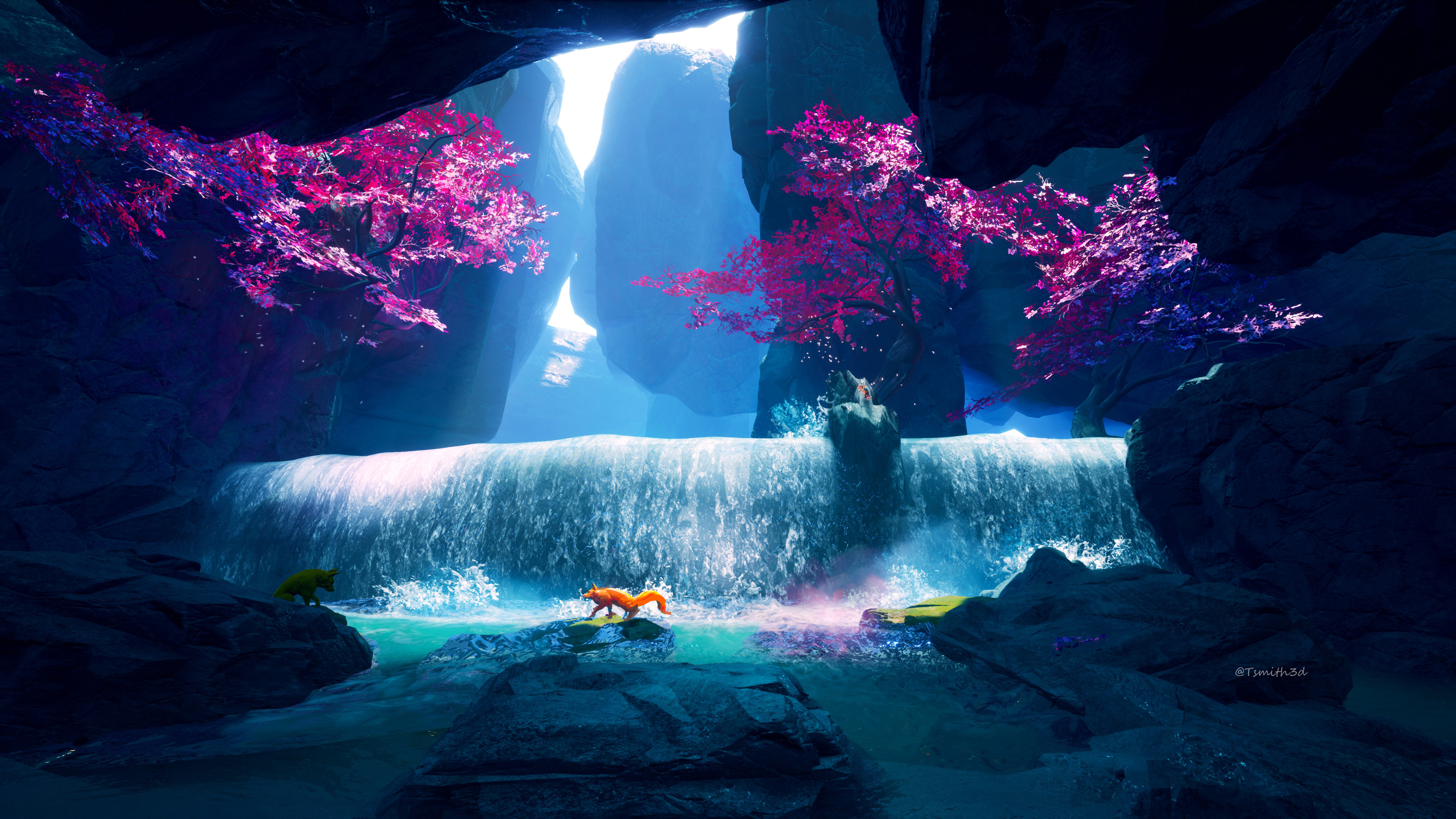 Waterfall Fox Water Trees Splashes Cave Fantasy Art 3840x2160