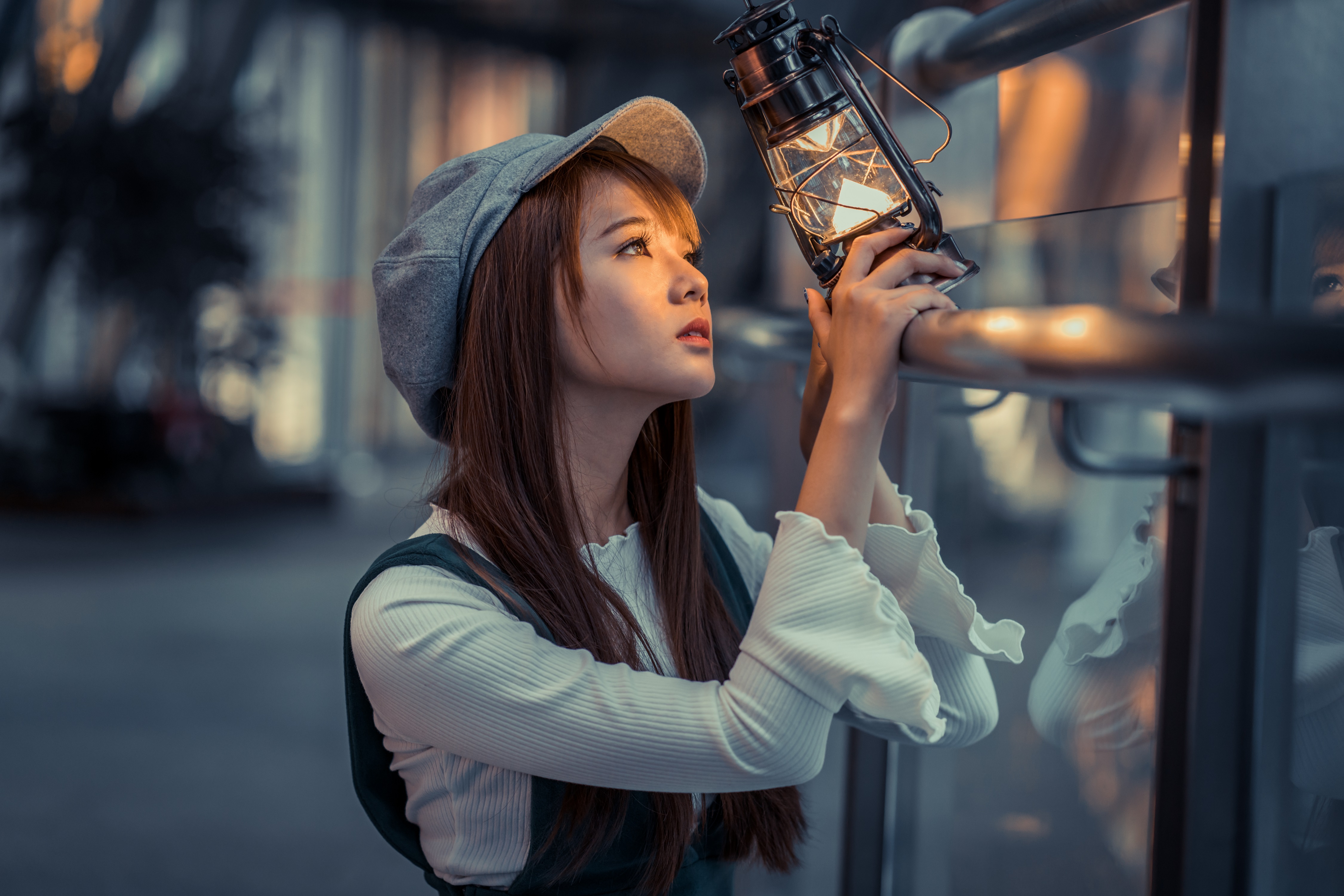 Asian Brunette Depth Of Field Girl Hat Lantern Model Woman 4500x3001