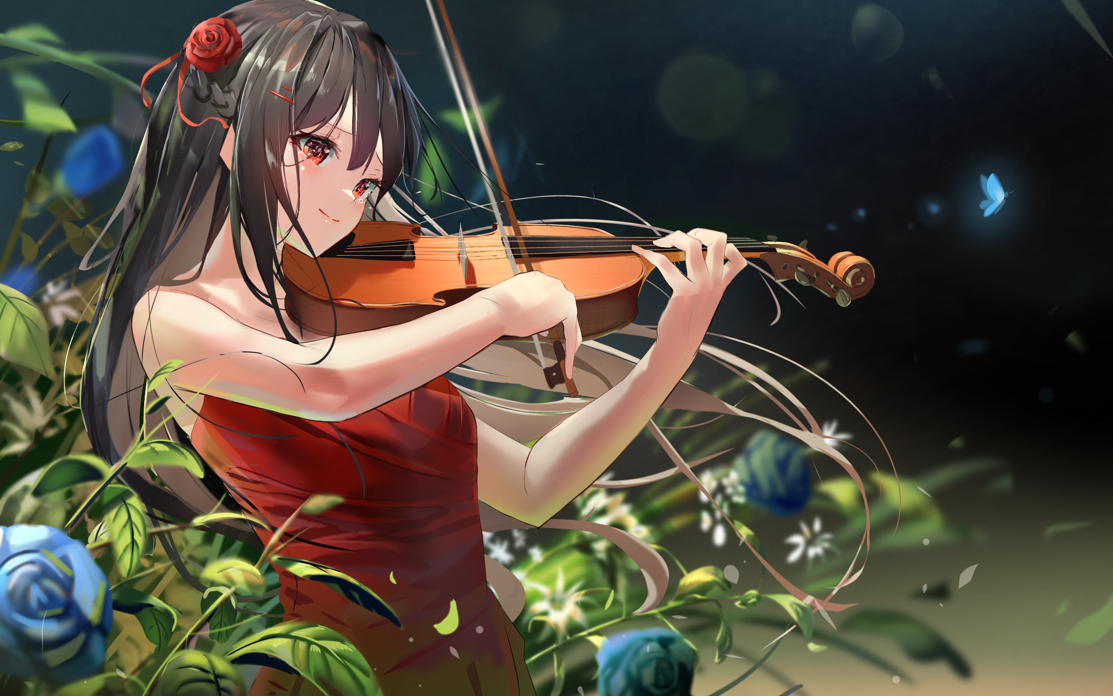 Black Hair Flower Girl Red Dress Red Eyes Violin 2200x1377
