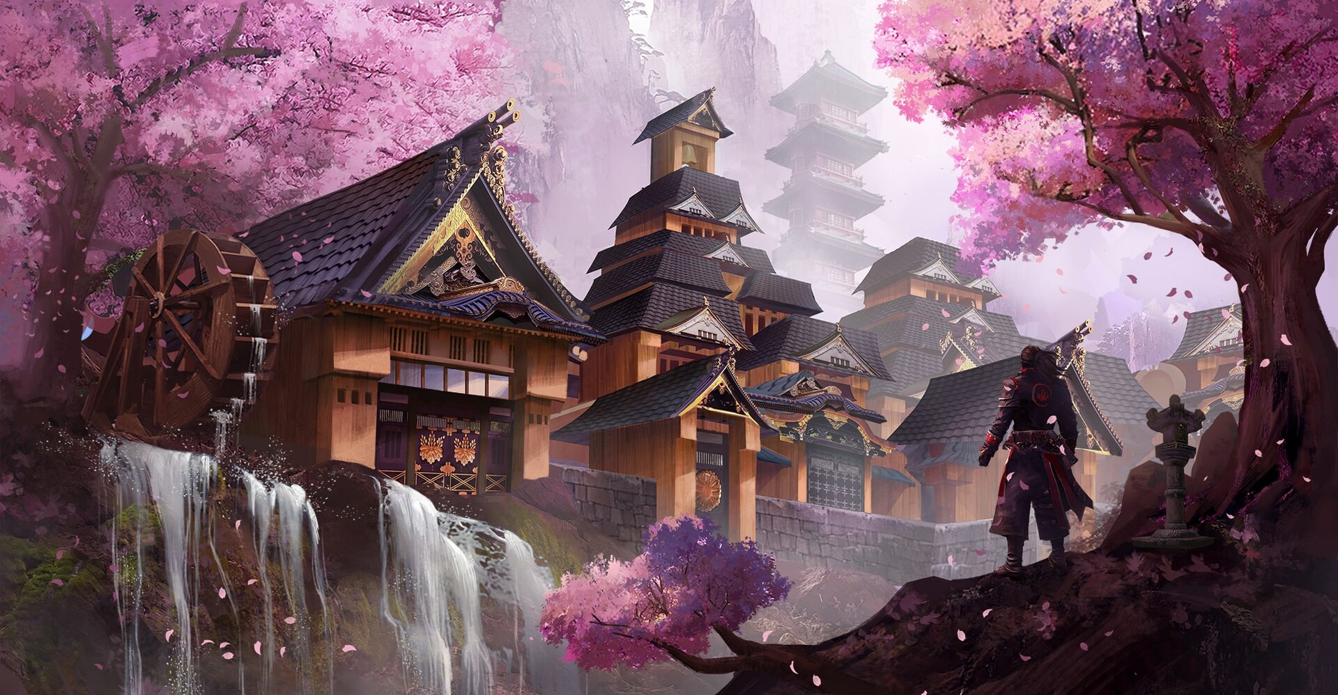 Artwork Fantasy Art Waterfall Cherry Blossom Architecture Asian Architecture 1920x998
