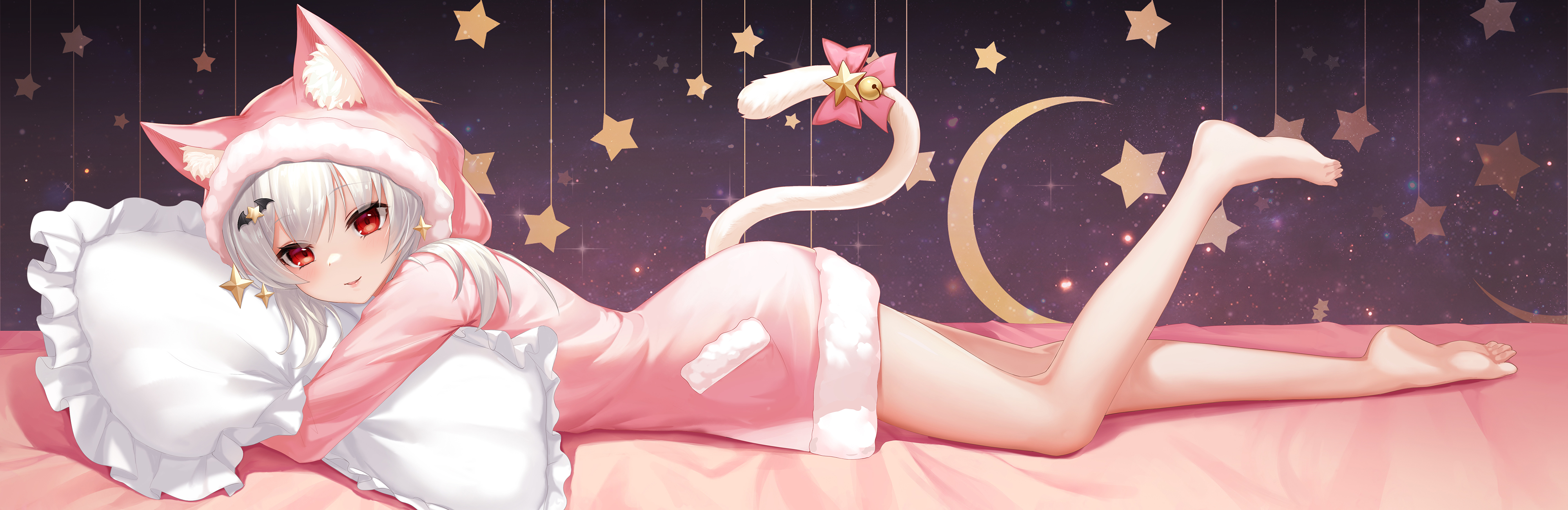 Anime Anime Girls Sramy Original Characters Animal Ears Cat Tail Legs Feet Red Eyes Silver Hair Bare 4000x1302