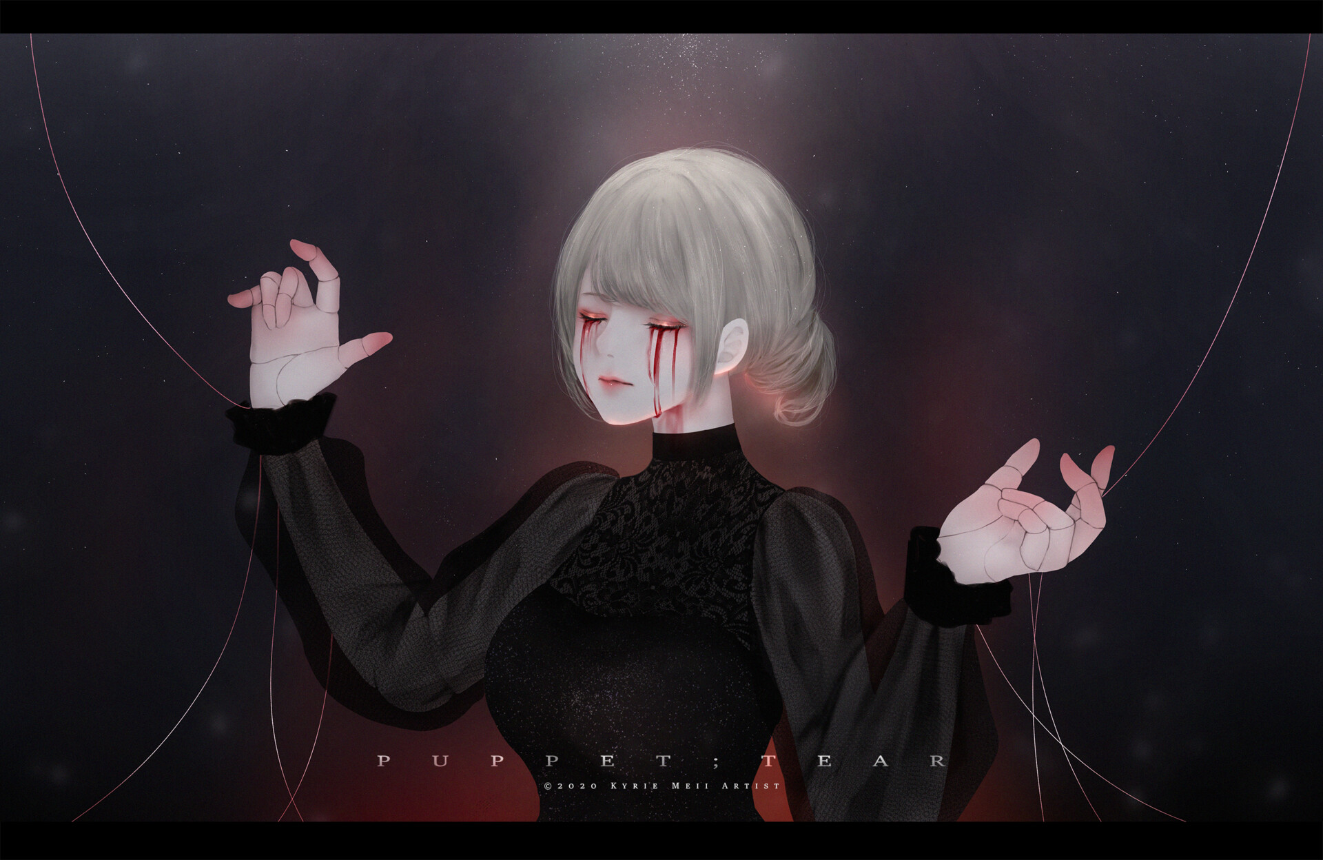 Anime Anime Girls Kyrie Meii Puppets Tears Crying Black Clothes Black Clothing Silver Hair Simple Ba 1920x1248