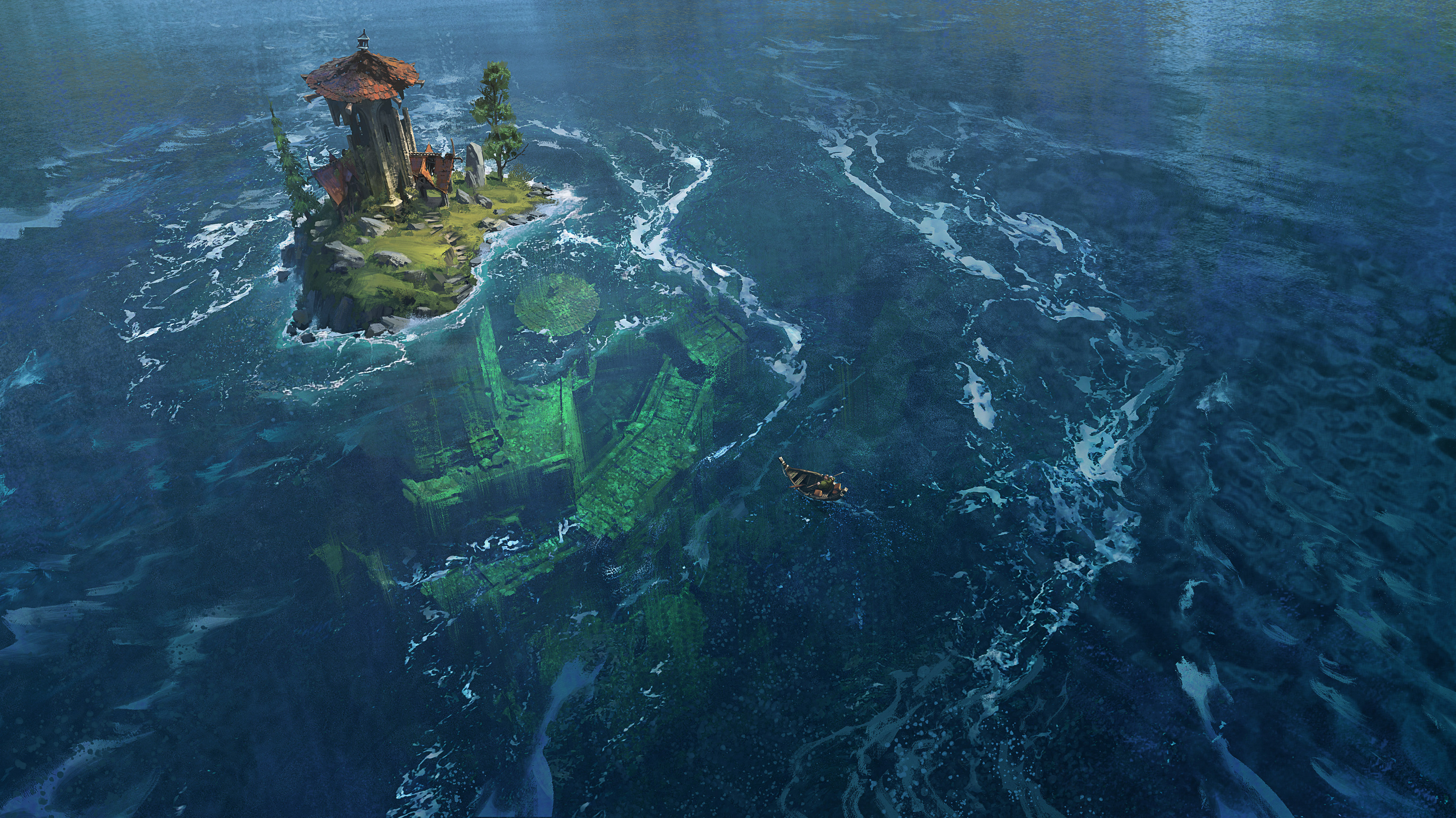 Artwork Digital Art Fantasy Art Island Ruins Underwater Rowboat Abandoned City Boat 3840x2159