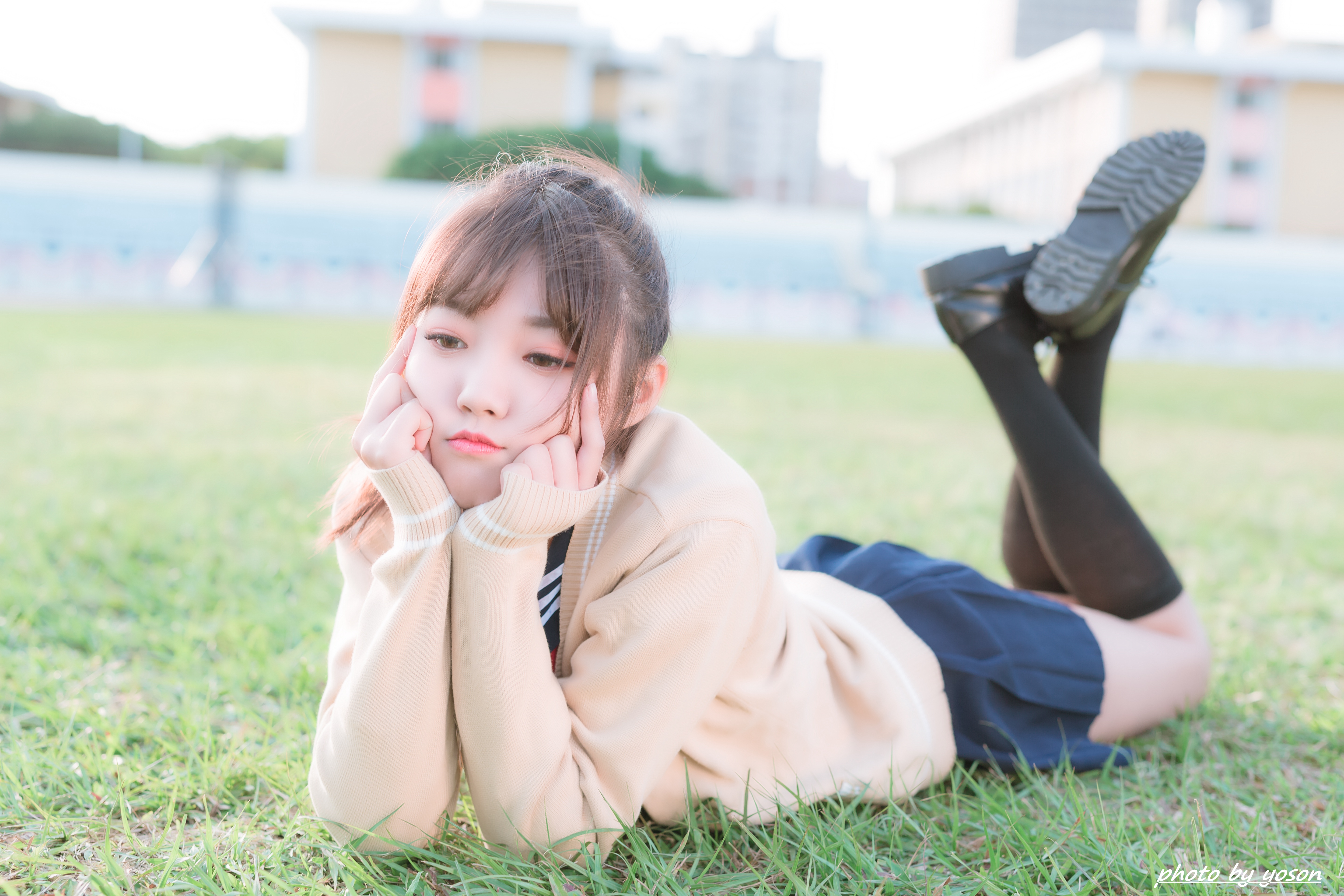 Asian Model Women Long Hair Brunette Lying Down Grass Skirt Pullover Ponytail Hand On Face Black Soc 5760x3840