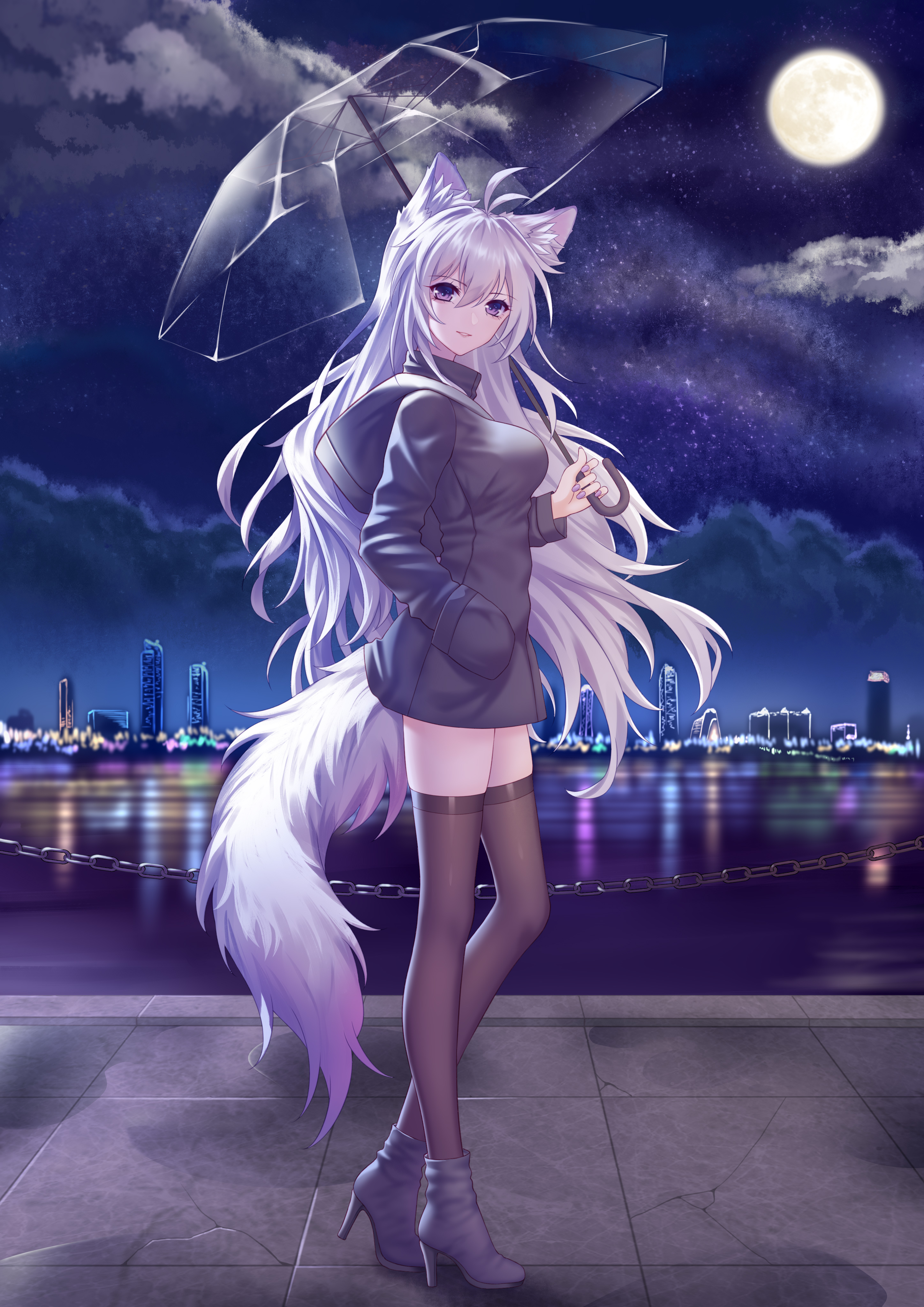 Anime Girls Simple Background Original Characters Drawing Animal Ears Tail Fox Girl Thigh Highs Hood 2894x4093