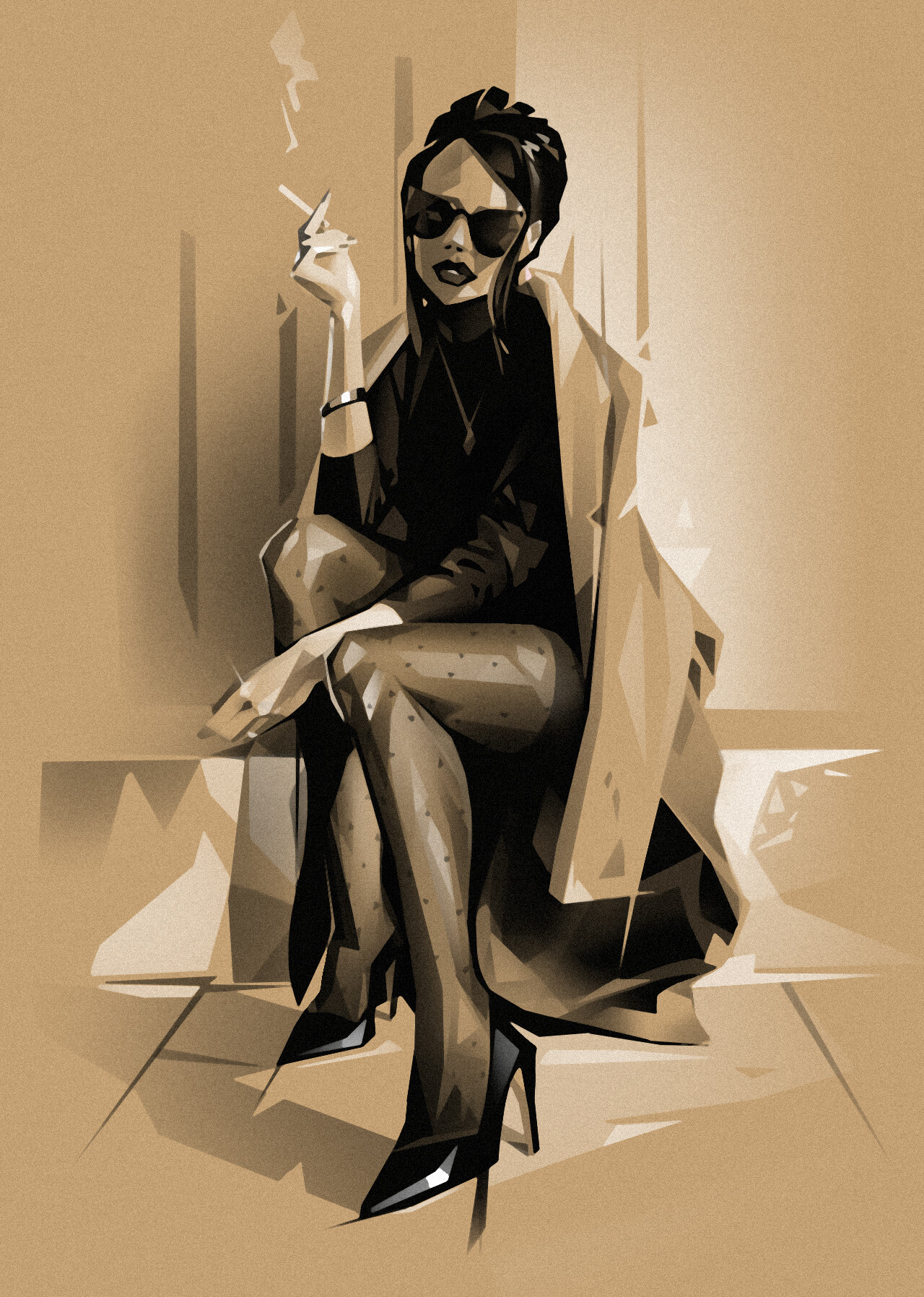 Azamat Khairov Artwork Portrait Display Digital Art Brown Coat Sitting Looking At Viewer Women Cigar 1280x1796