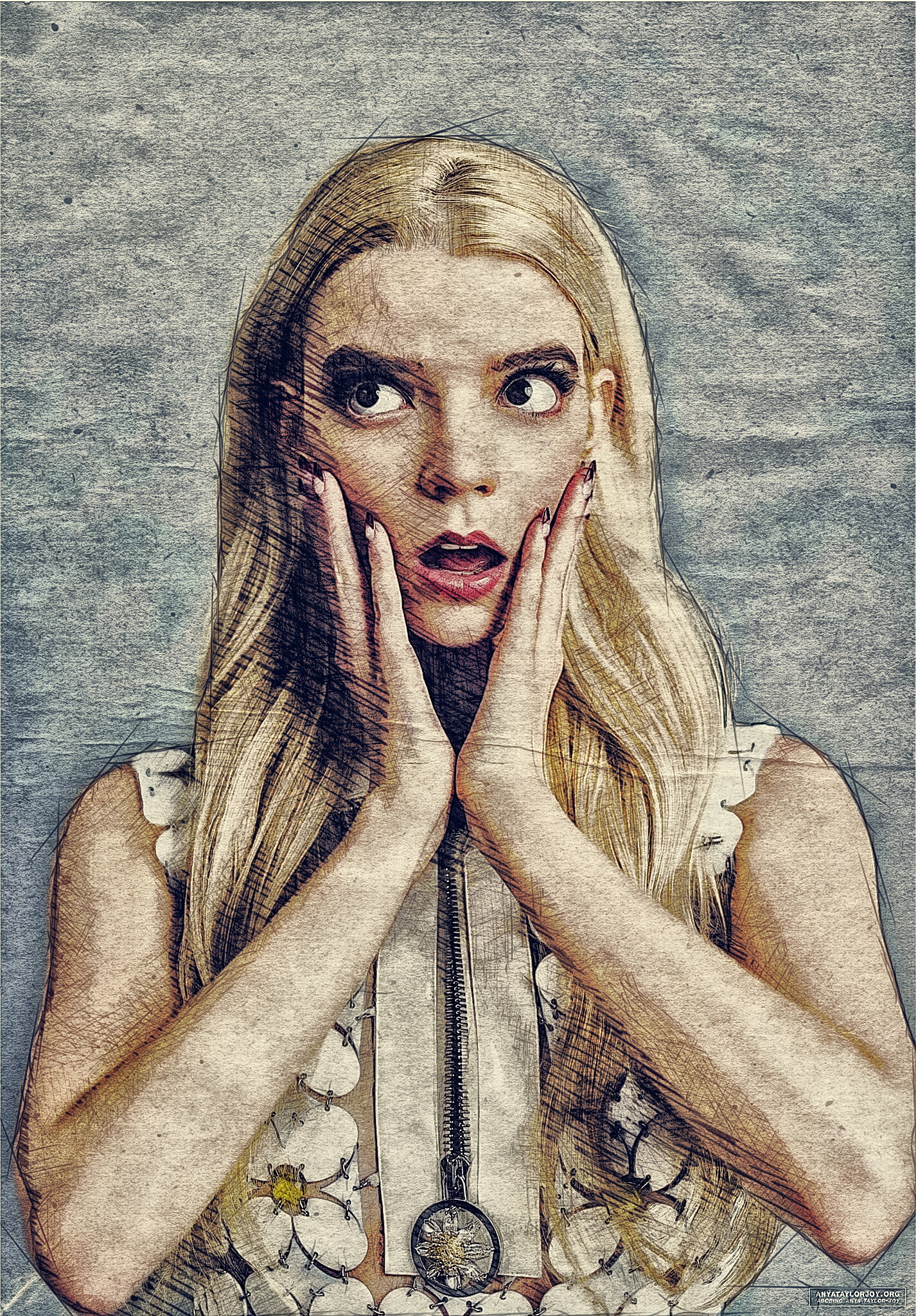Anya Taylor Joy Blonde Digital Painting Dress Hand On Face Digital Art Women Portrait Display Pencil 1426x2048