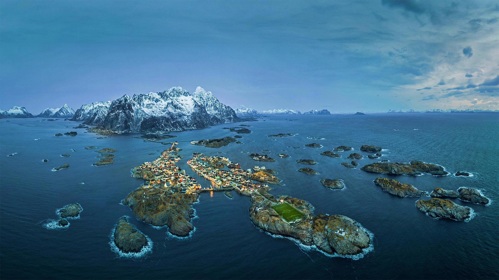 Lofoten Islands Norway Aerial View Sea Island Soccer Pitches Henningsvaer 1920x1080