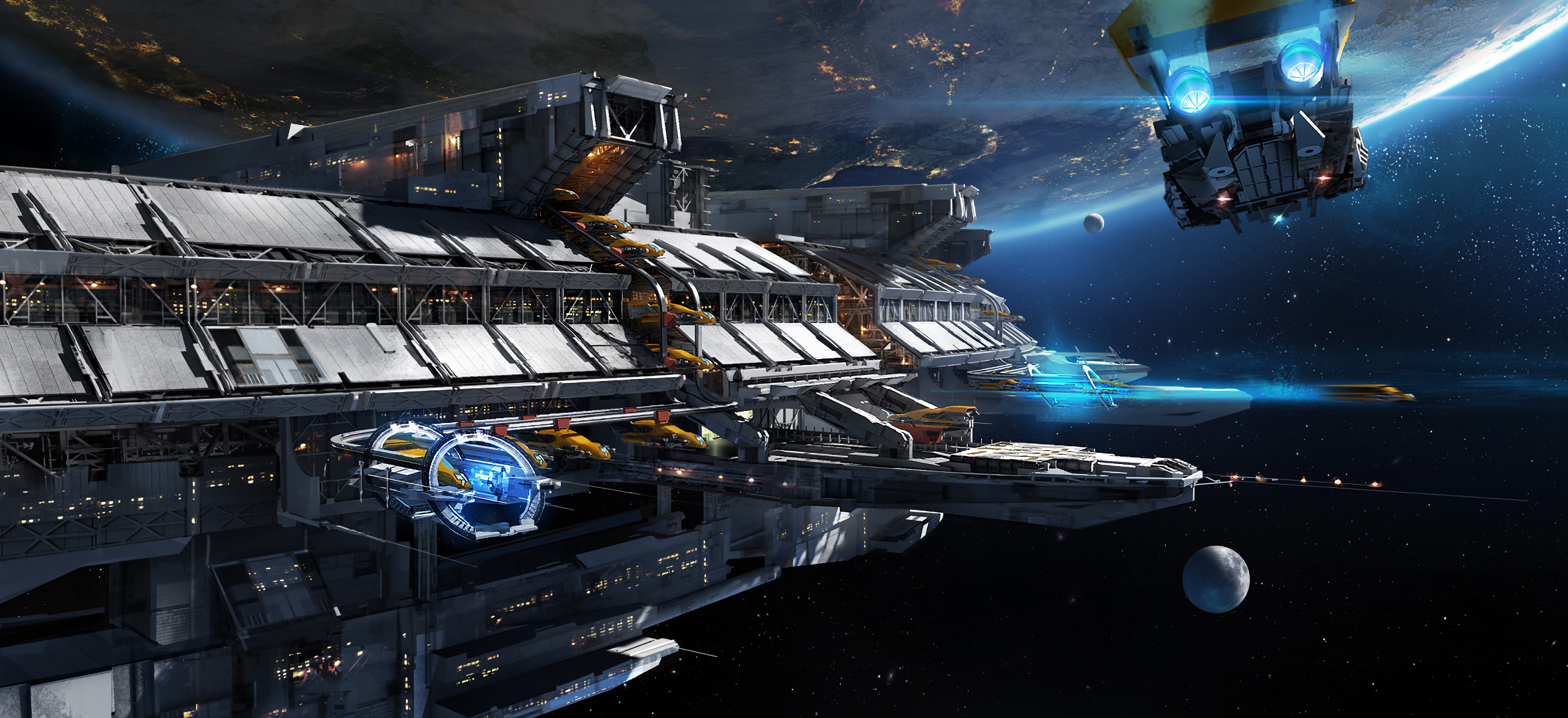 Planet Space Space Station Spaceship 2359x1080