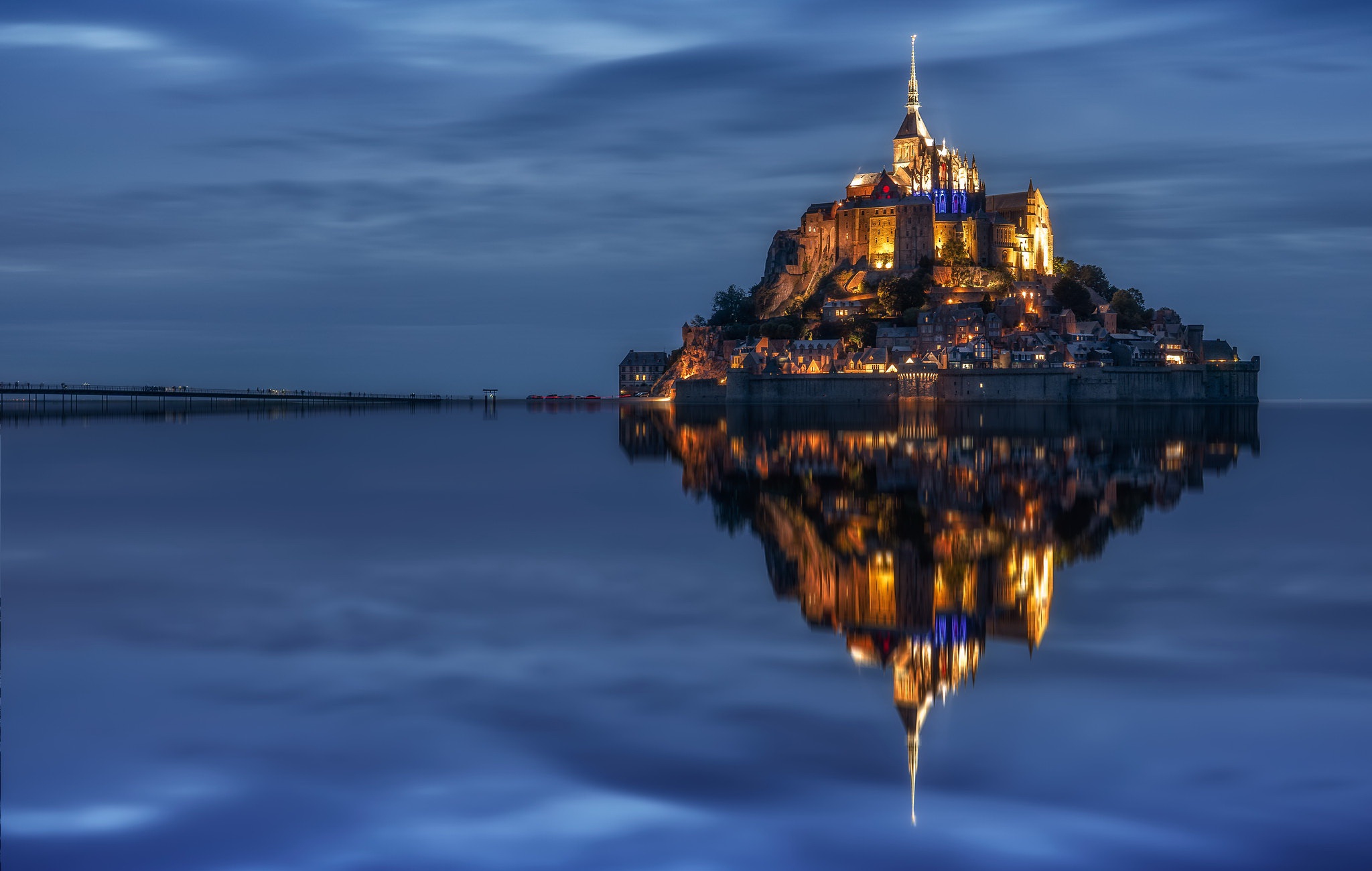 France Monastery Mont Saint Michel Night Reflection 2048x1300
