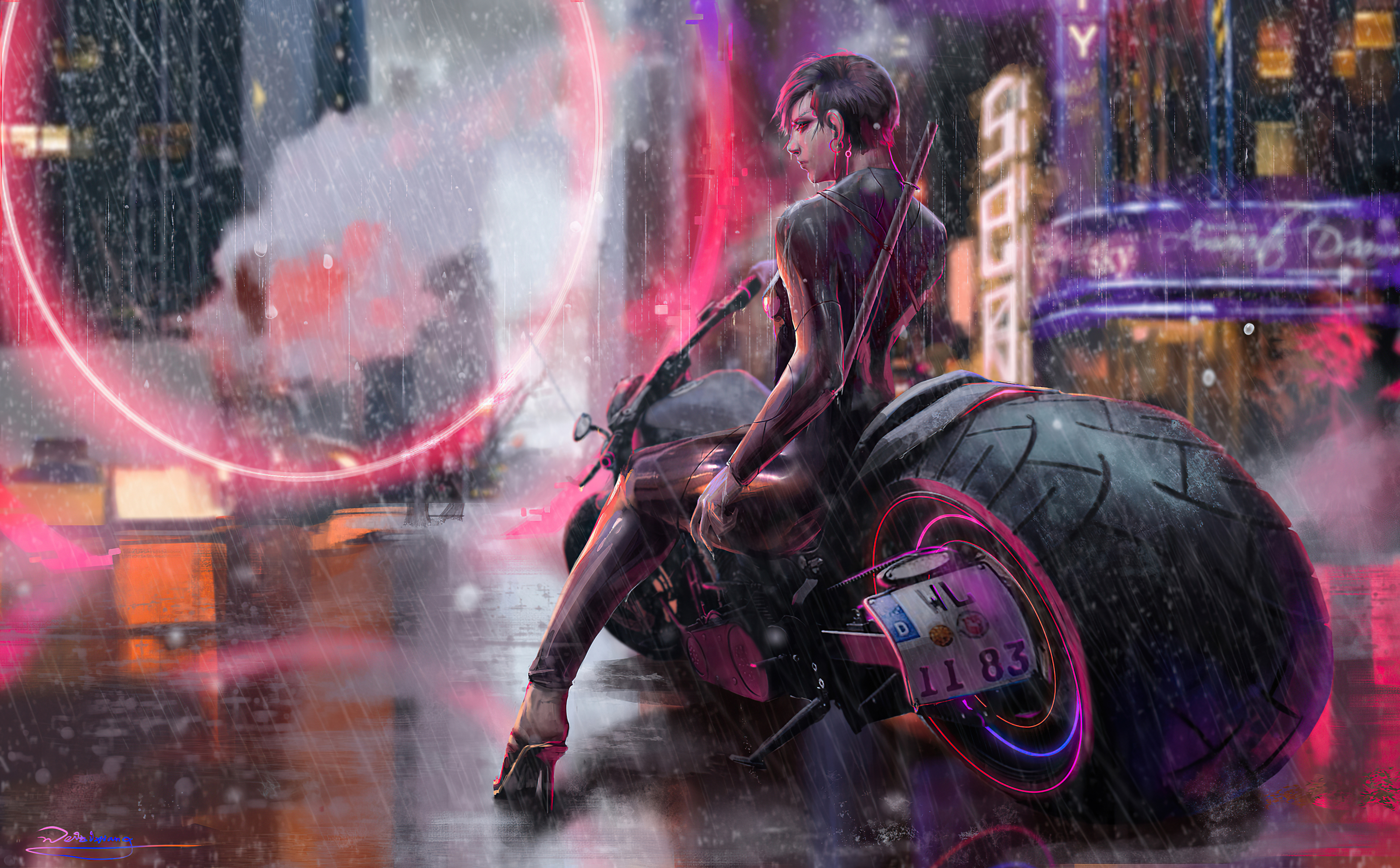 Cyberpunk Futuristic Girl Motorcycle Woman 3840x2380