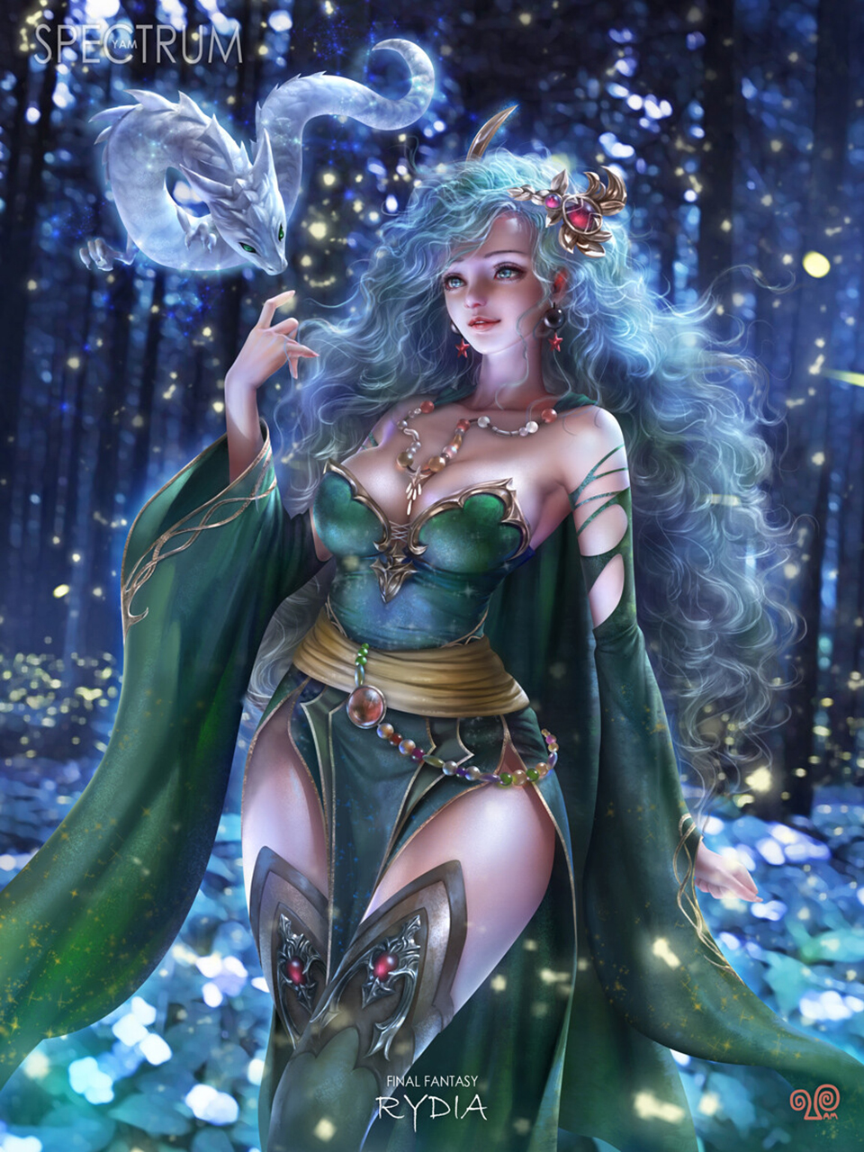 Mansik Yang Drawing Final Fantasy Women Rydia Blue Hair Long Hair Hair Accessories Curly Hair Dress  960x1280