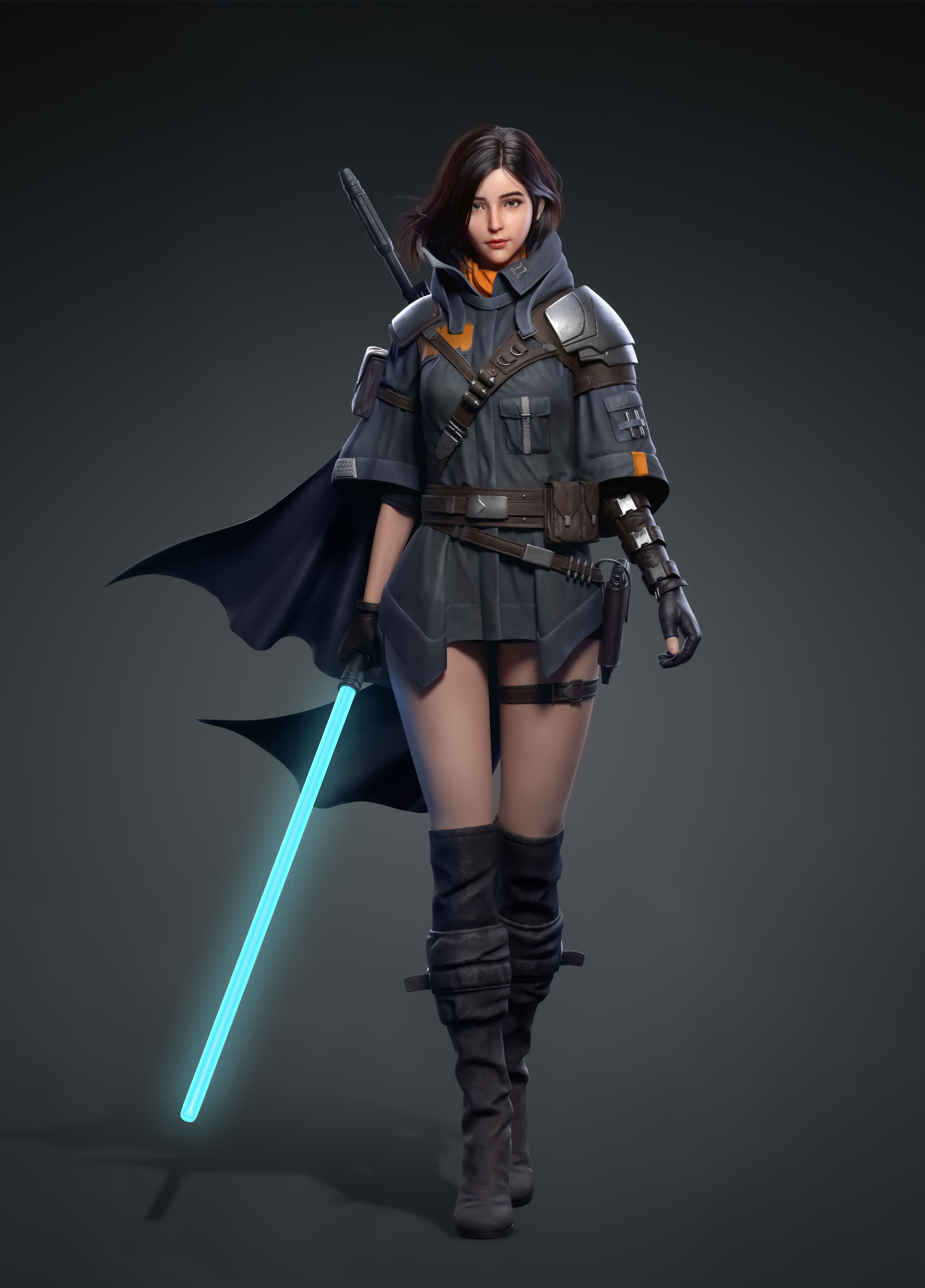 Cifangyi CGi Star Wars Women Jedi Brunette Cape Thigh Strap Boots Lightsaber Weapon Walking Simple B 3144x4379