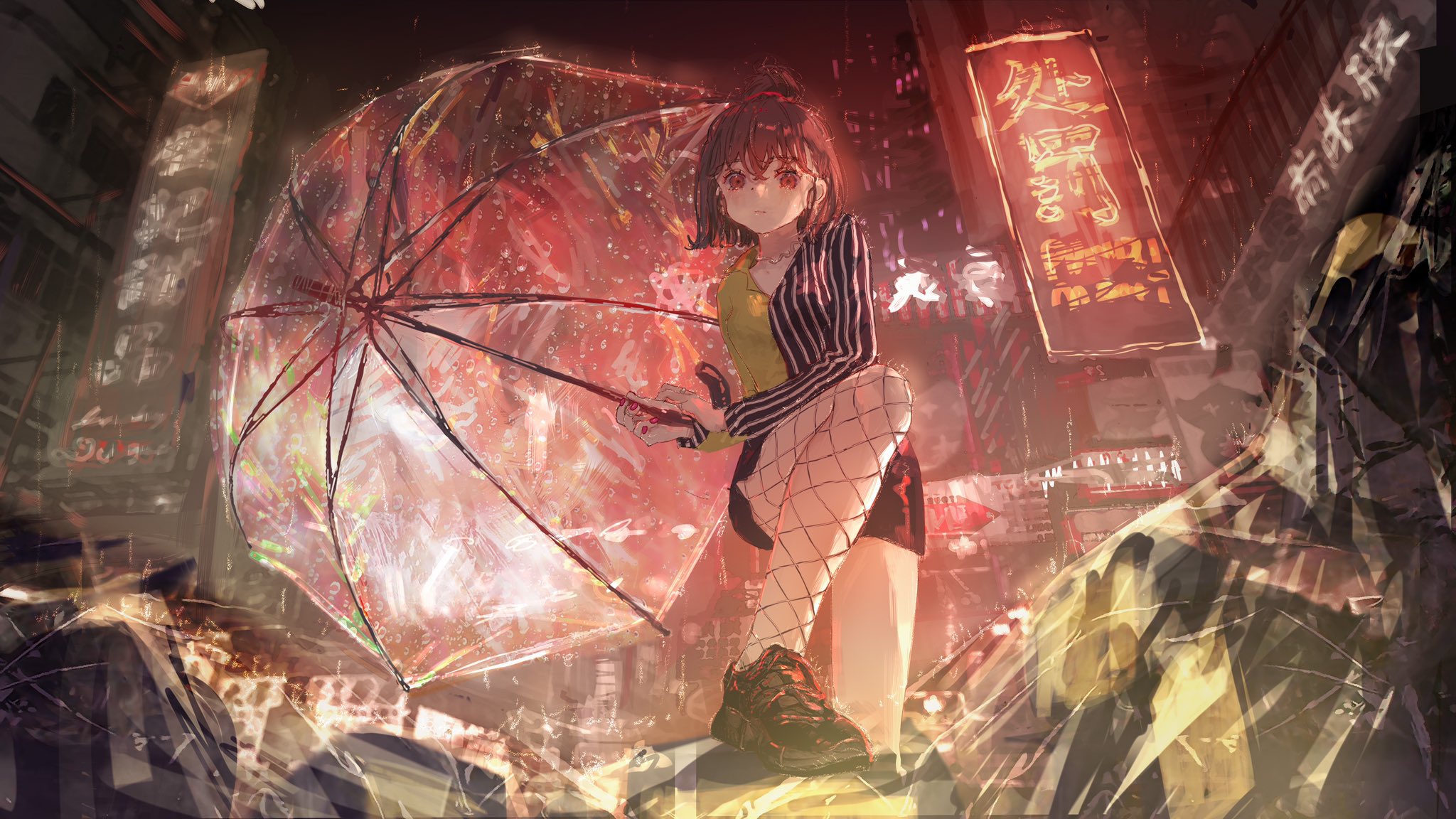 Anime Anime Girls Digital Art Artwork 2D Portrait Roki City Night Rain Umbrella Low Angle Short Hair 2048x1152