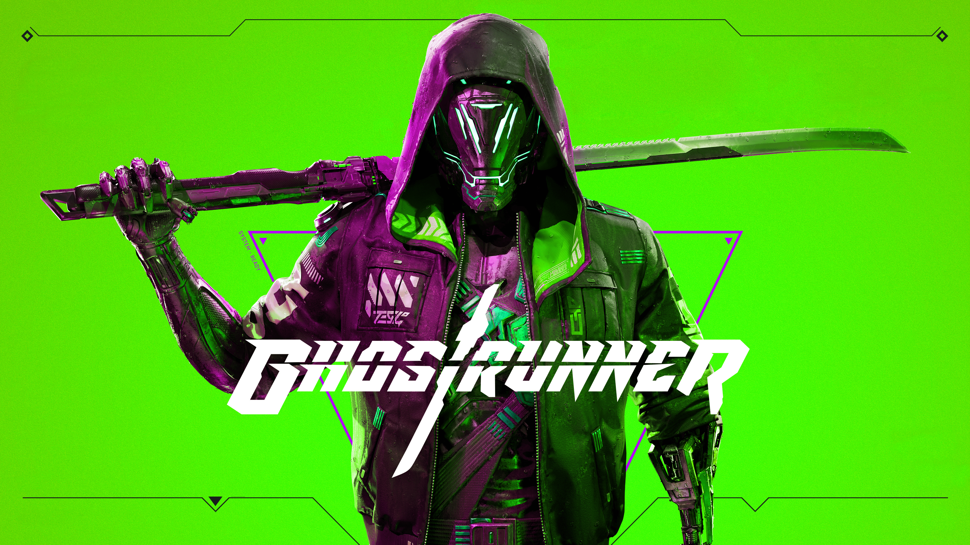 Video Games Ghostrunner Cyberpunk Cyborg Ninja Katana Jacket Hoods Helmet Green Background Science F 3840x2160