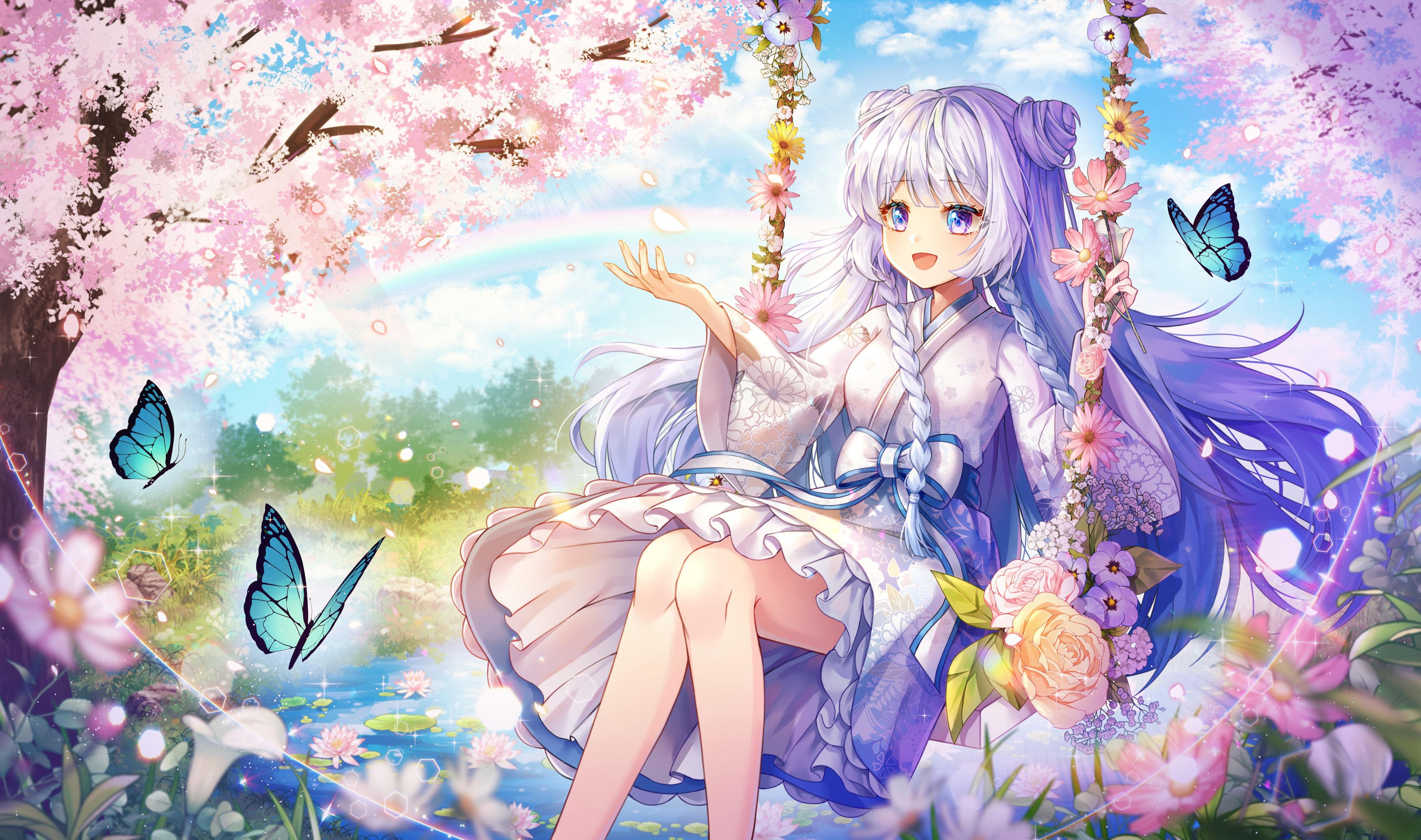 Purple Hair Long Hair Blue Eyes Flowers Butterfly Swings Cherry Blossom  Japanese Clothes Anime Girls Wallpaper - Resolution:3500x2070 - ID:1170231  