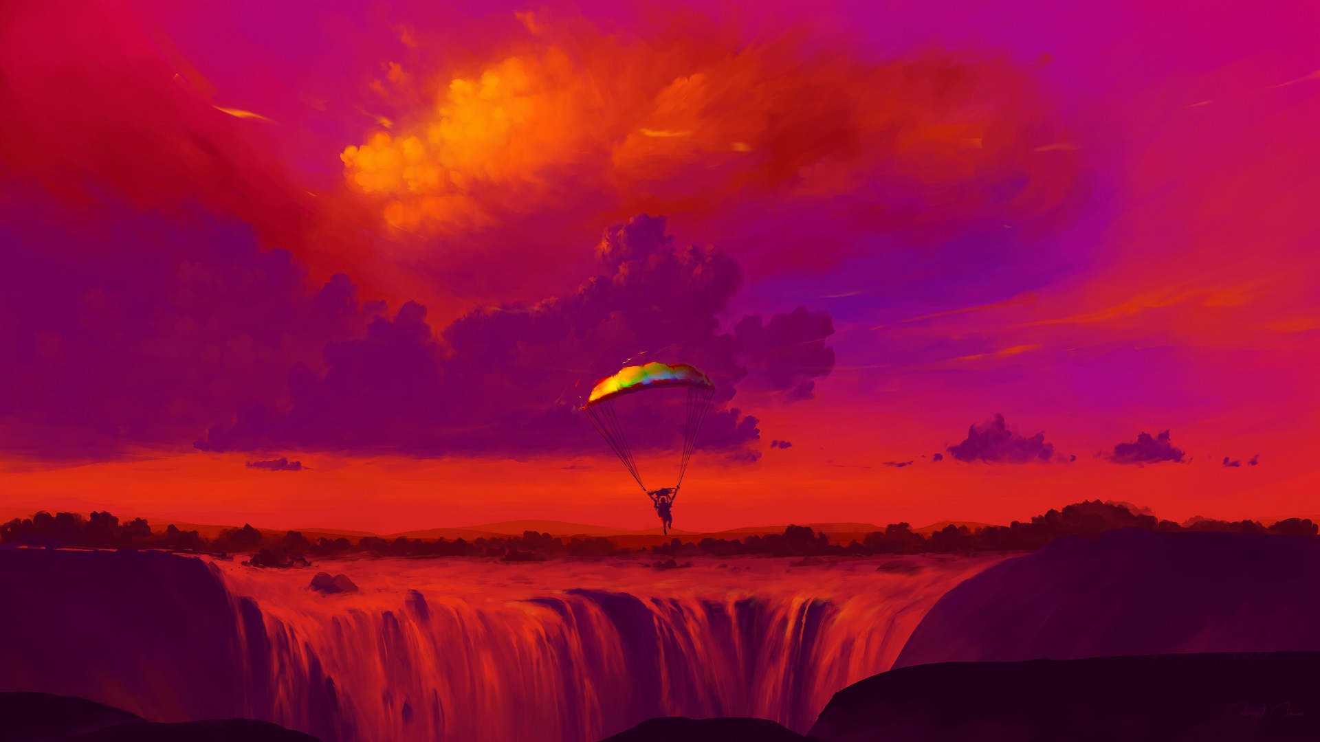 BisBiswas Digital Art Parachutes Waterfall Nature Clouds 1920x1080