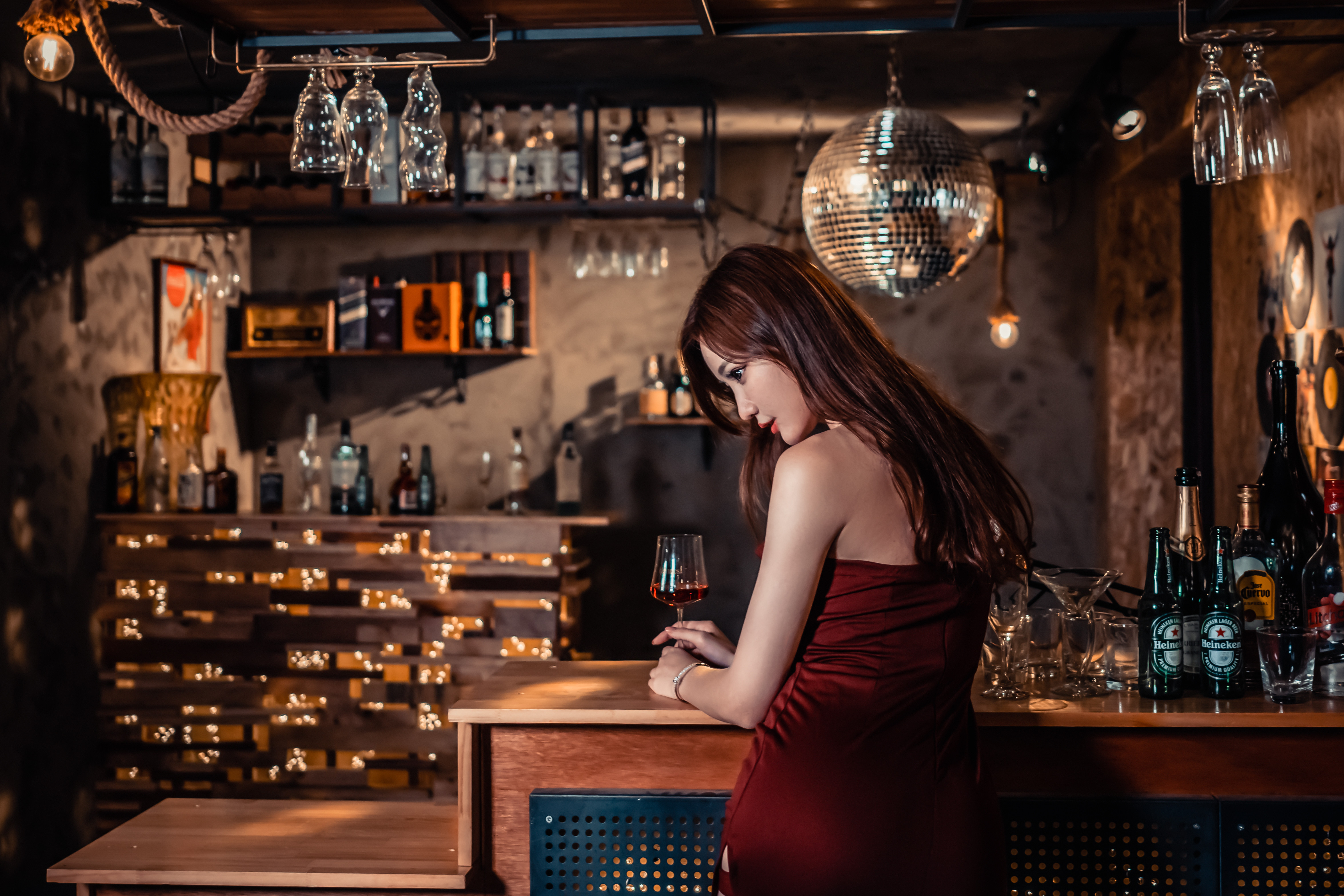 Asian Model Women Long Hair Brunette Dress Table Bottles Bracelets Drinking Glass 4703x3135