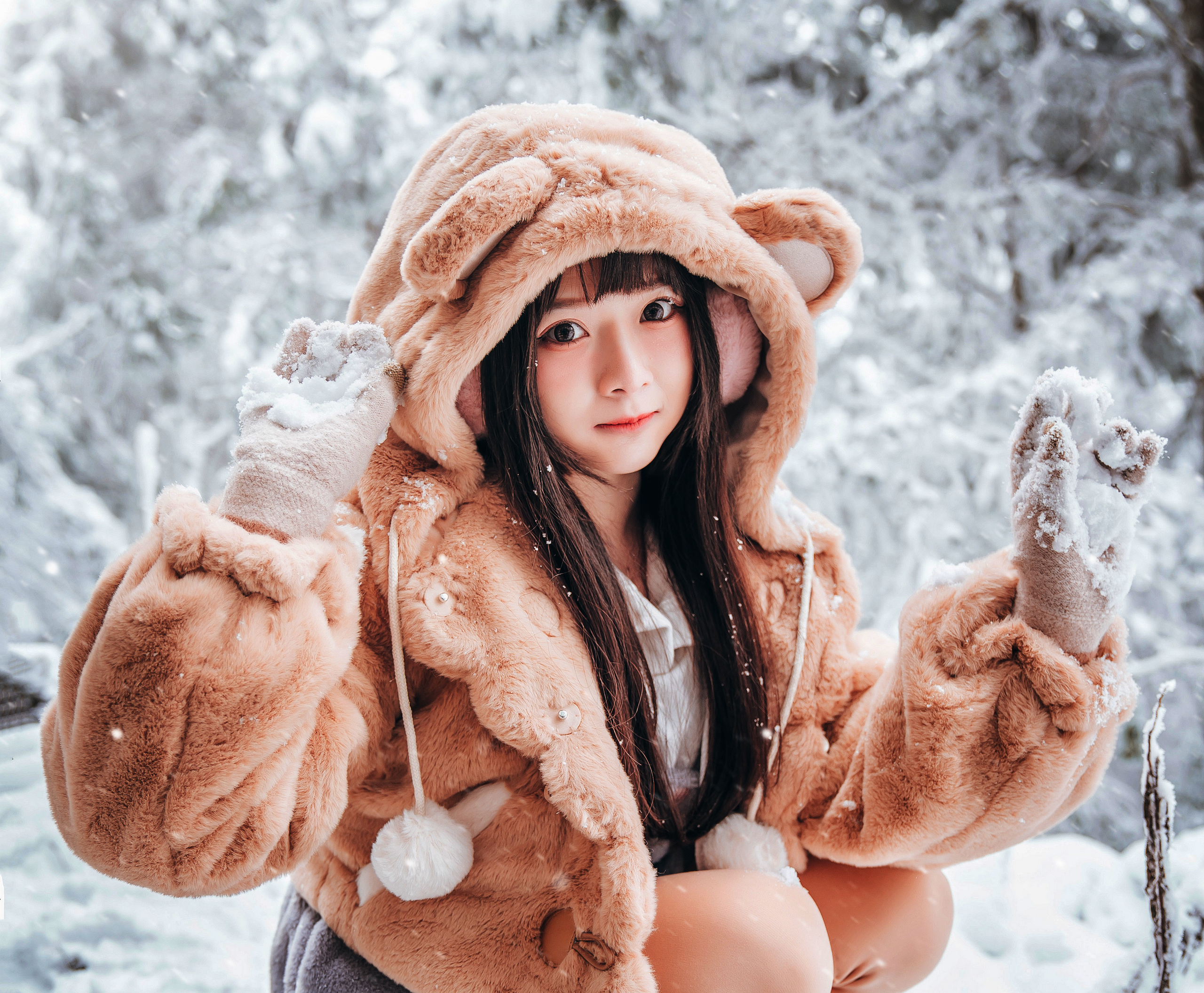 Asian Women Model Long Hair Brunette Gloves Snow Depth Of Field Jacket Teddy Bears Shirt Ear Muffs 2560x2113