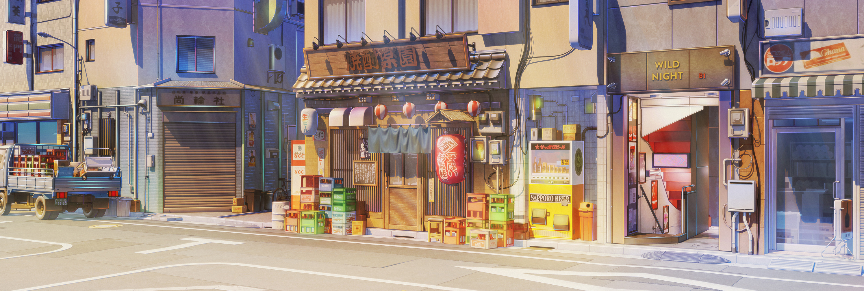 Visual Novel Landscape Background Art Street Japan Shop ArseniXC Daylight Sunlight Love Money RocknR 2990x1008