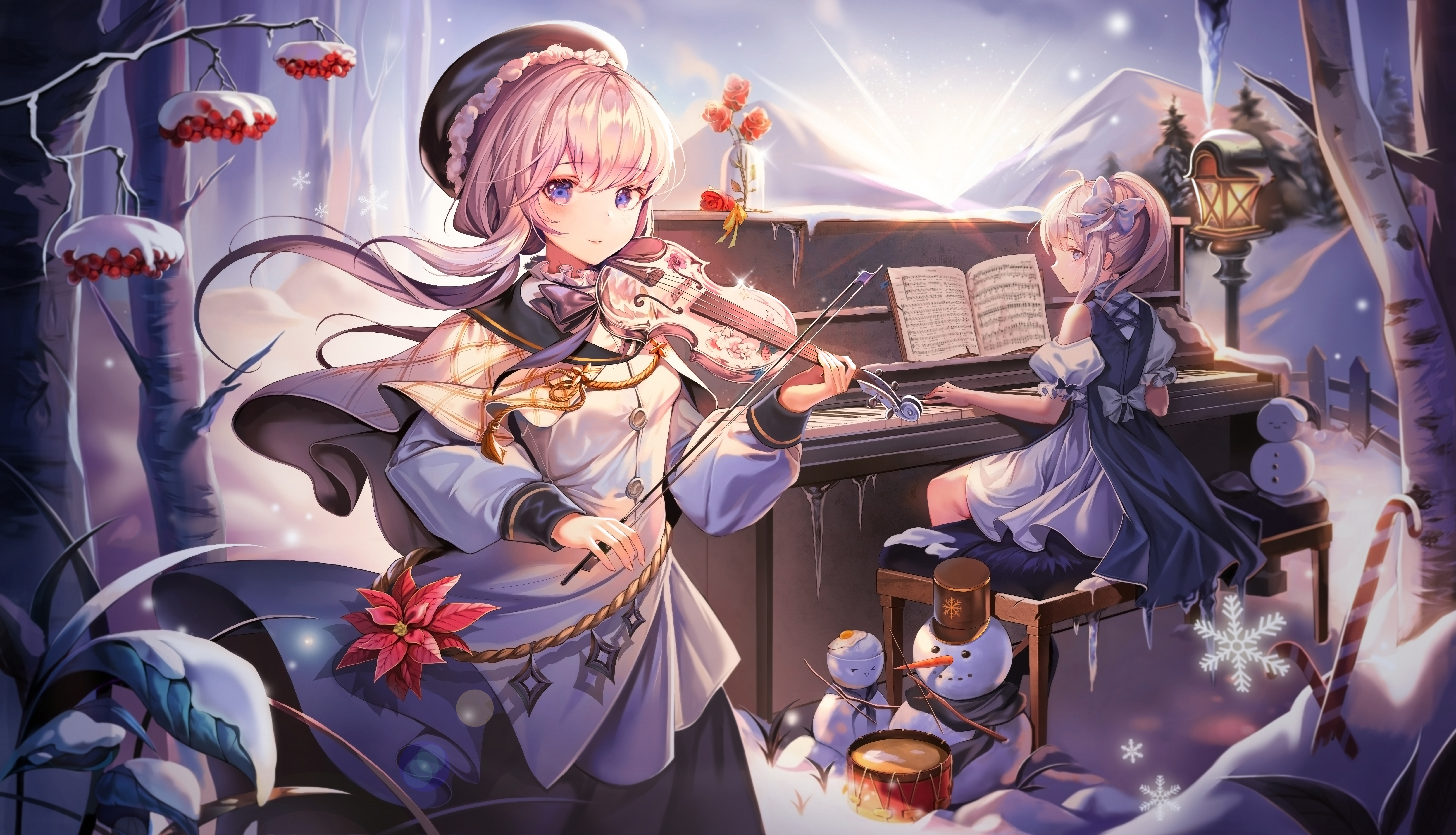 Violin Piano Pink Hair Purple Eyes Ribbon Snow Snowmen Anime Girls Harusame 7891x4528