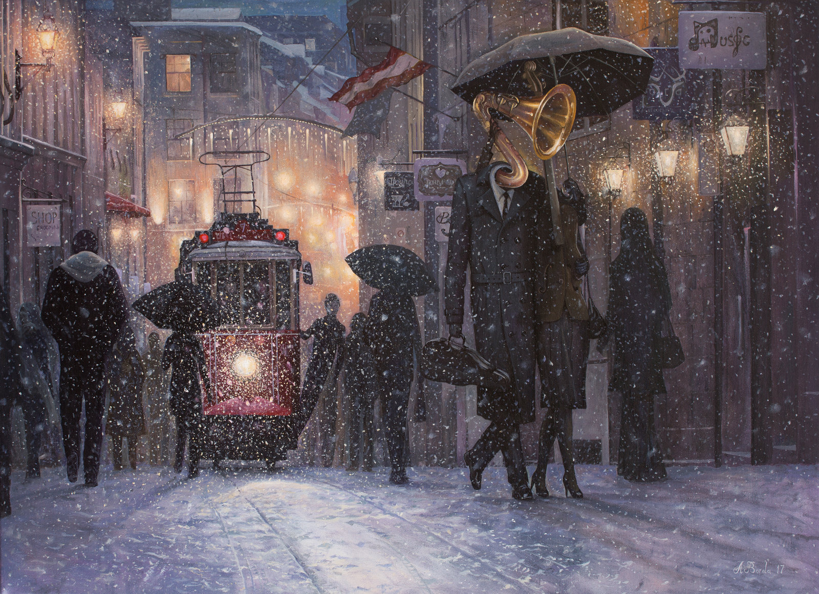 Artwork Painting Adrian Borda Surreal Winter Snow Street Snowing People Musical Instrument Tram Crow 1600x1161