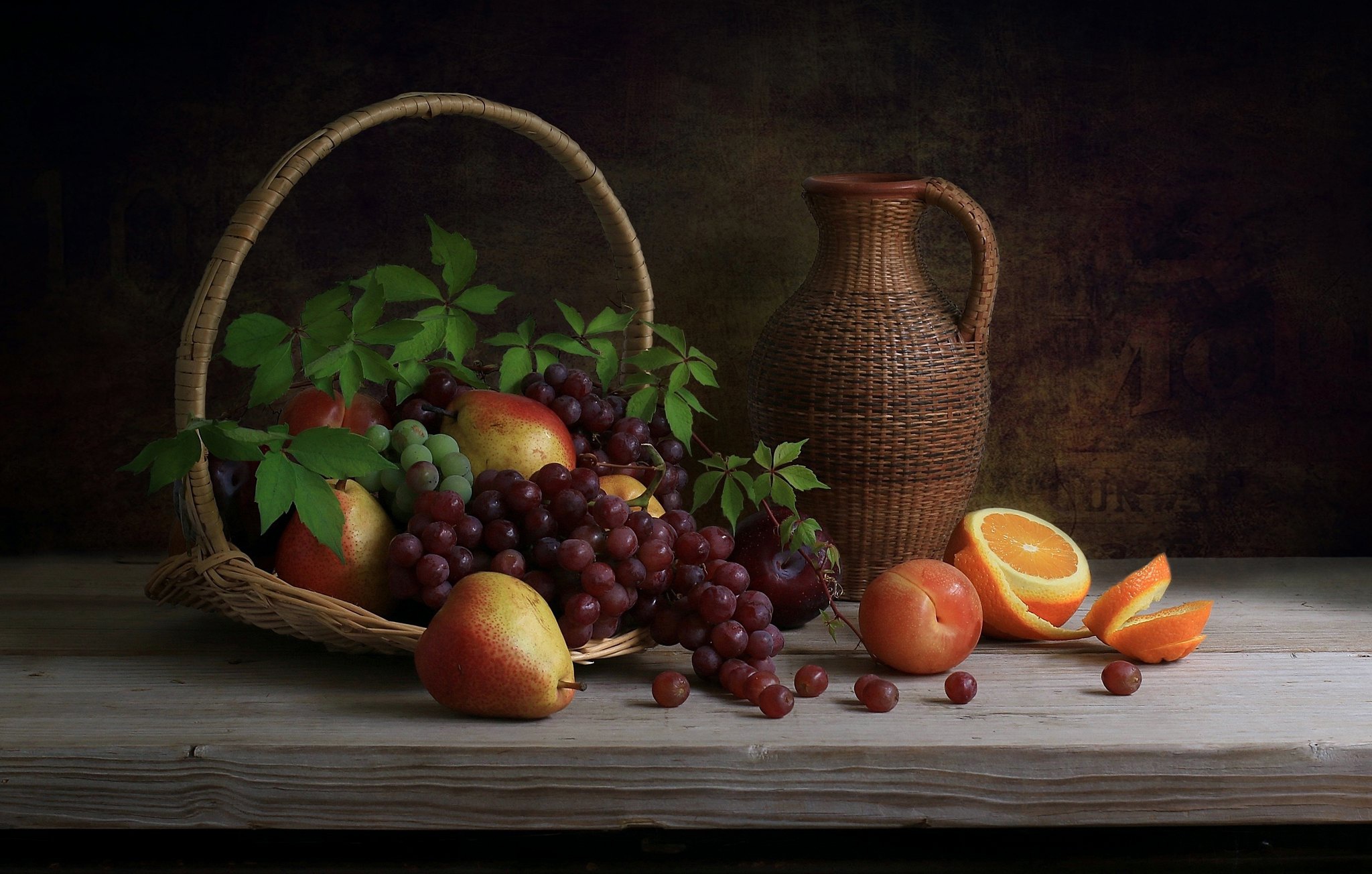 Basket Grapes Pear Pitcher Still Life Orange Fruit 2048x1304