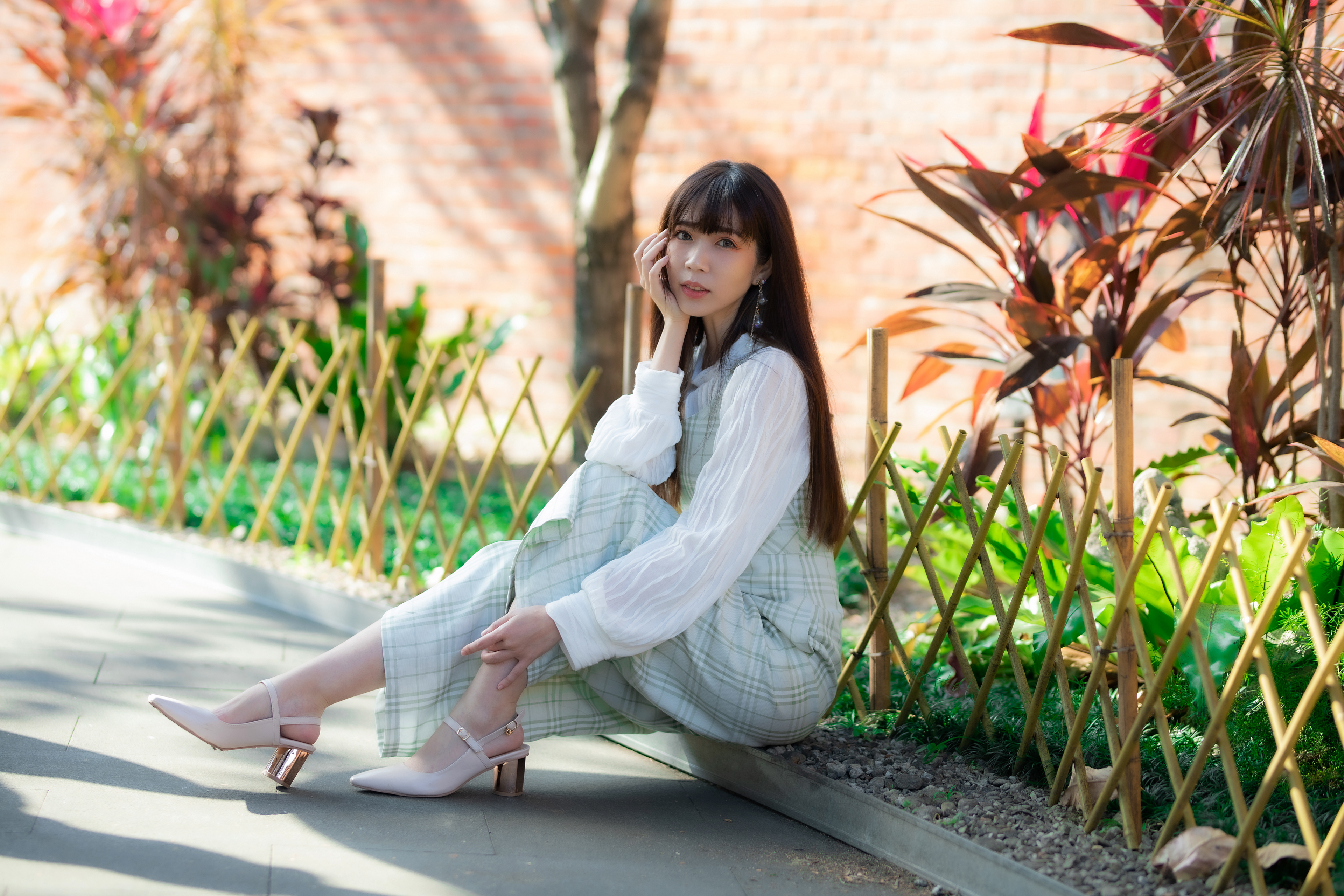 Asian Model Women Long Hair Brunette Depth Of Field Sitting Dress White Shoes Fence Grass Trees Plan 3840x2560