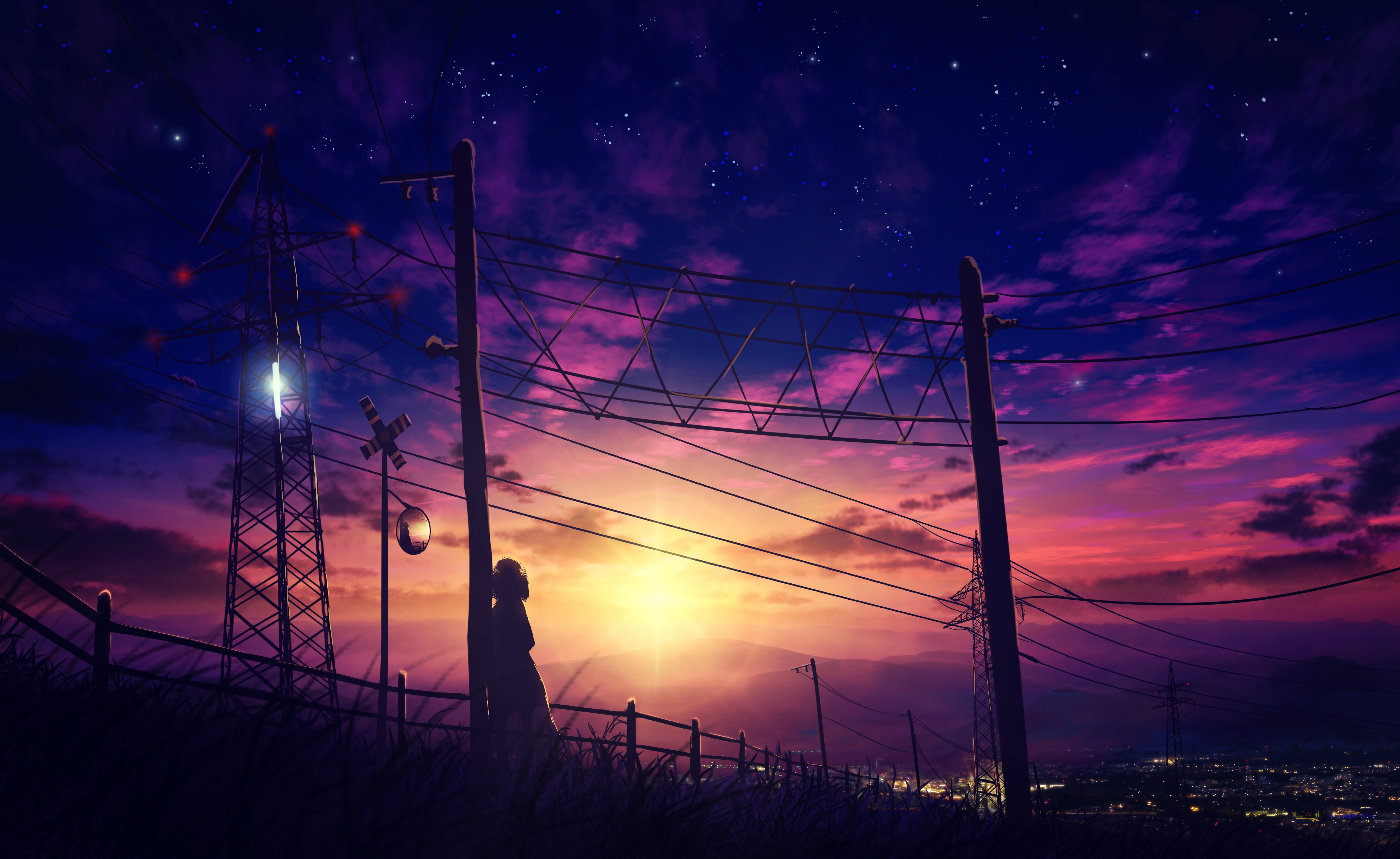 Sky Clouds Sunset Anime Girls Power Lines Landscape Cityscape HuashiJW 5068x3110