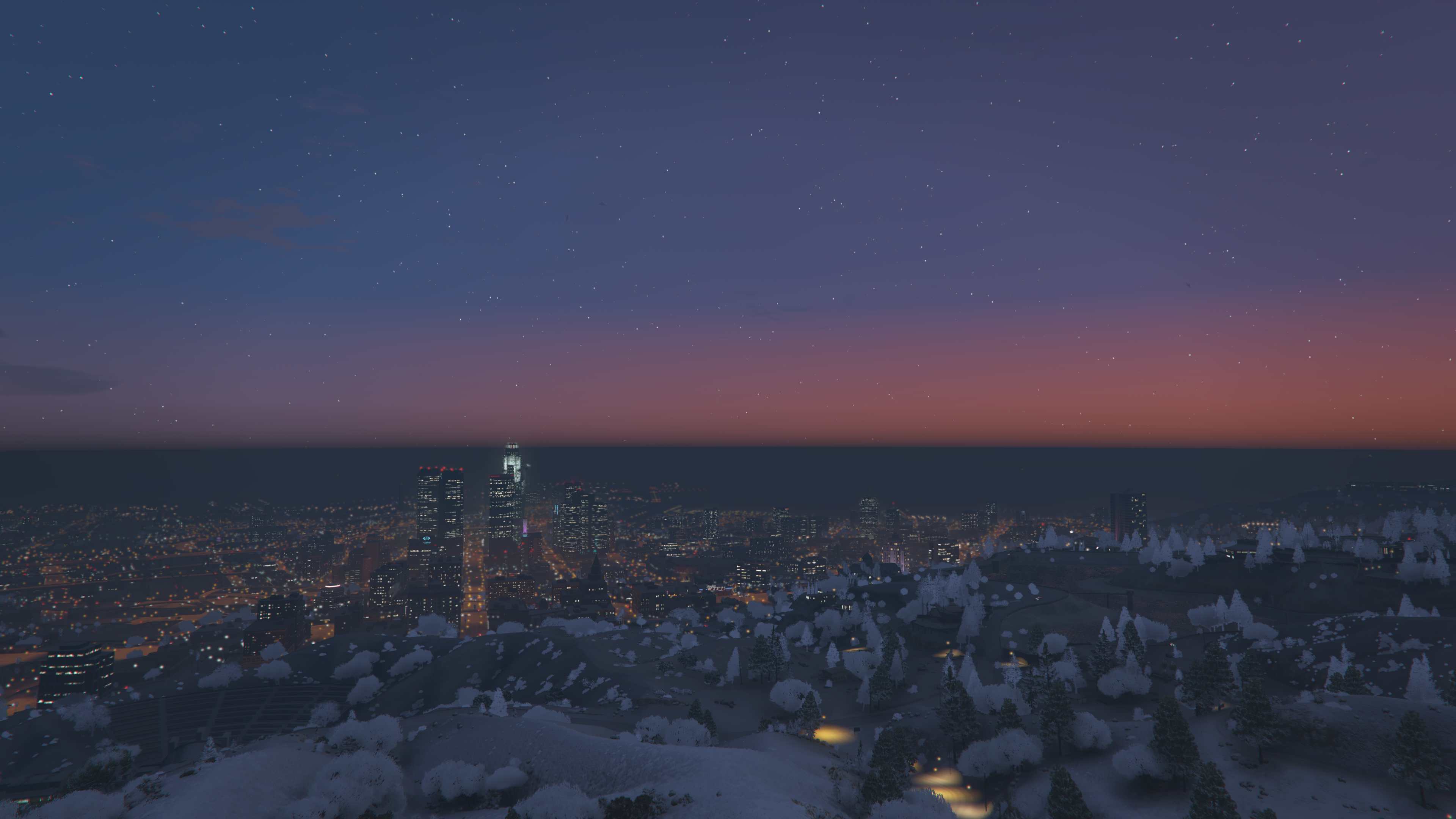 Grand Theft Auto V Los Angeles City Sunset Snow Forest 3840x2160