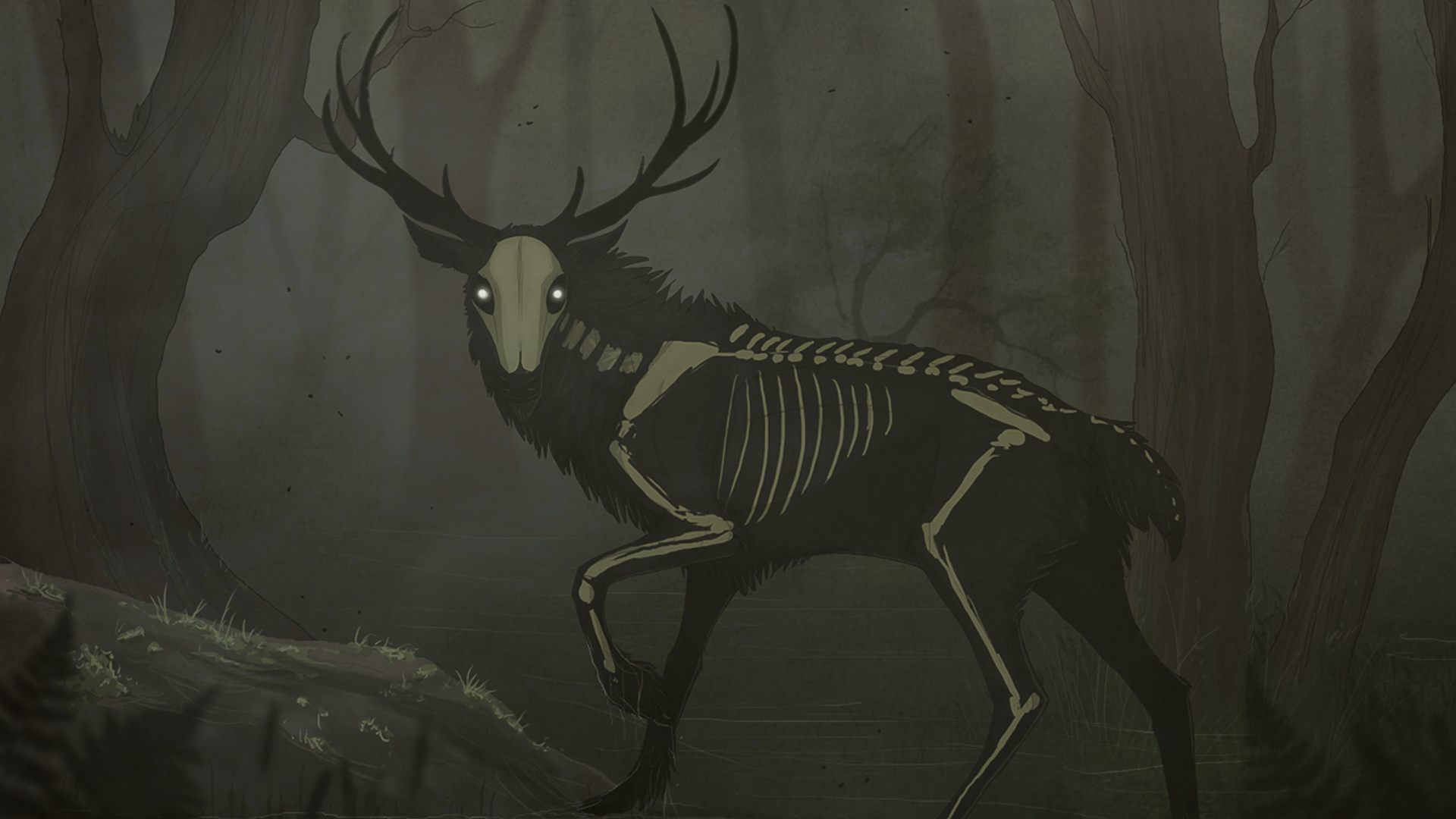 Creepy Creature Deer Skeleton Bones Skull Animals Glowing Eyes Trees Forest 1920x1080