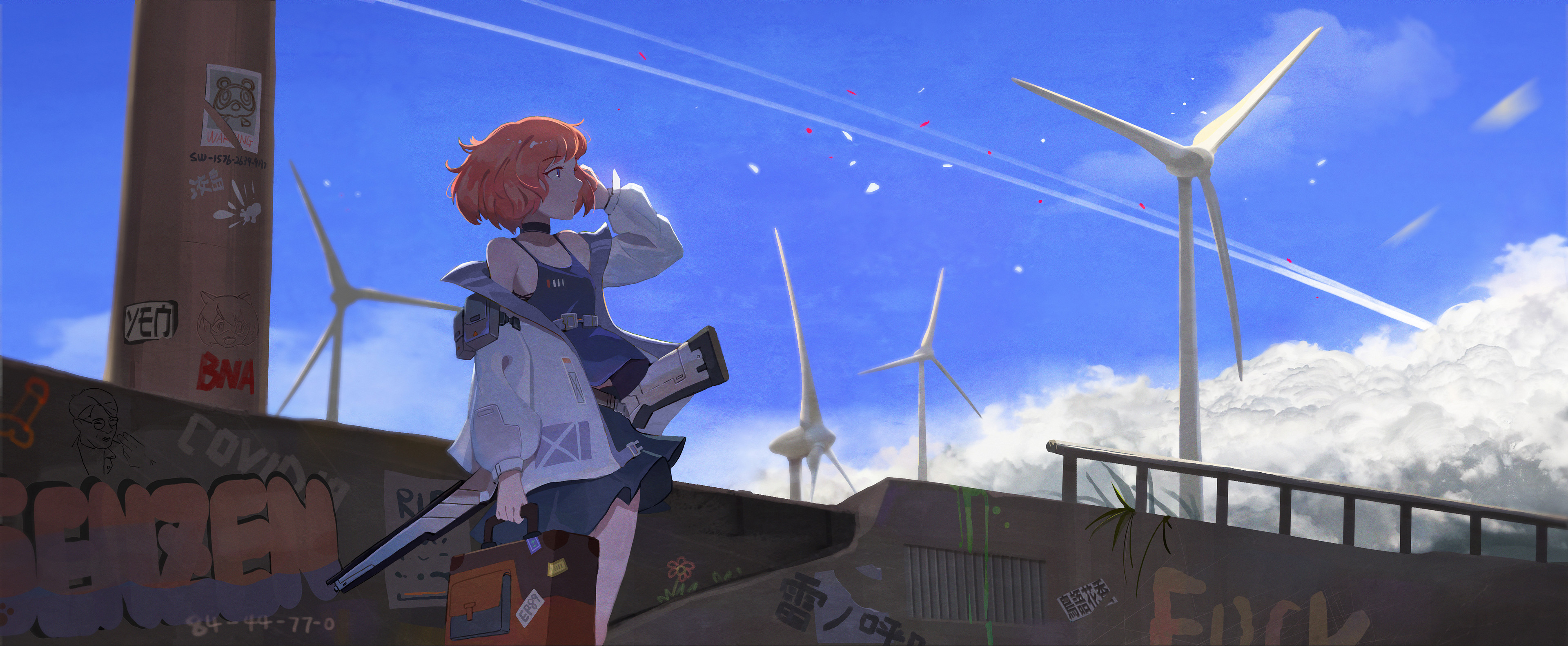 Anime Anime Girls ArtStation Sensenyi Digital Art Illustration Concept Art Clouds 3840x1584