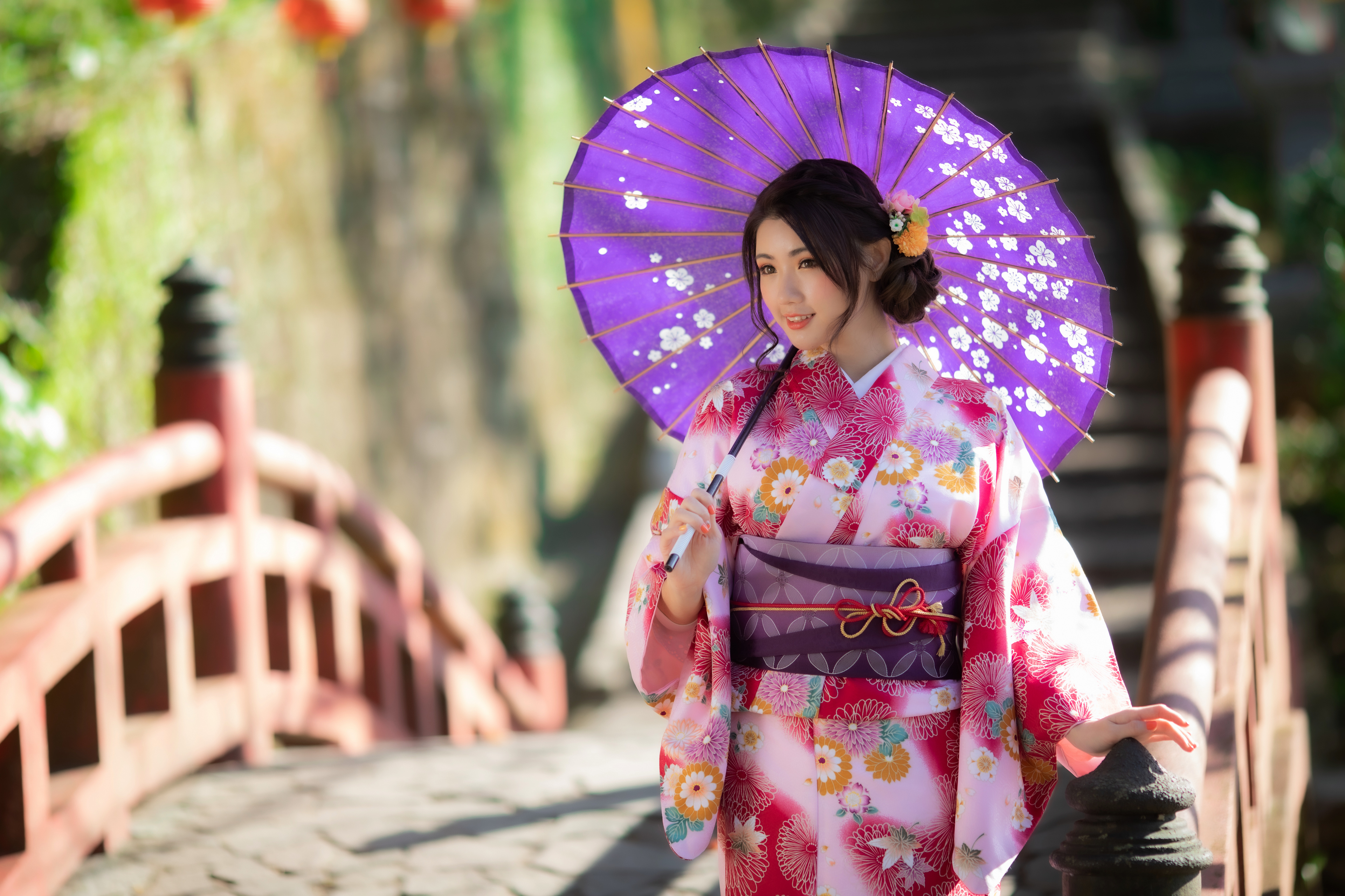 Asian Model Women Long Hair Brunette Bridge Traditional Clothing Kimono Umbrella Depth Of Field Rail 3840x2560