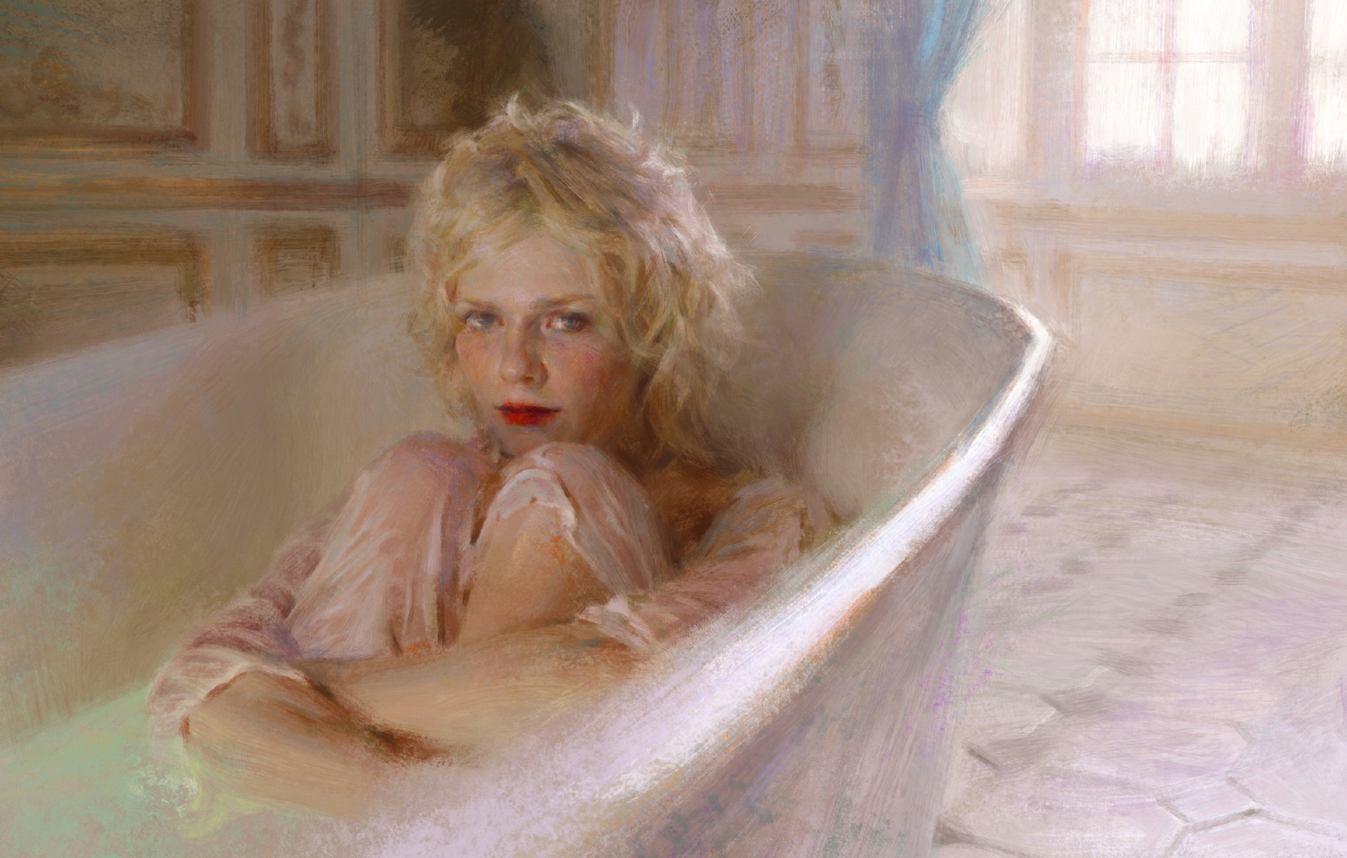 Liu Xiao Looking At Viewer Women In Bathtub Legs Together Blonde Arms Crossed Drawing Digital Art Ar 1920x1223