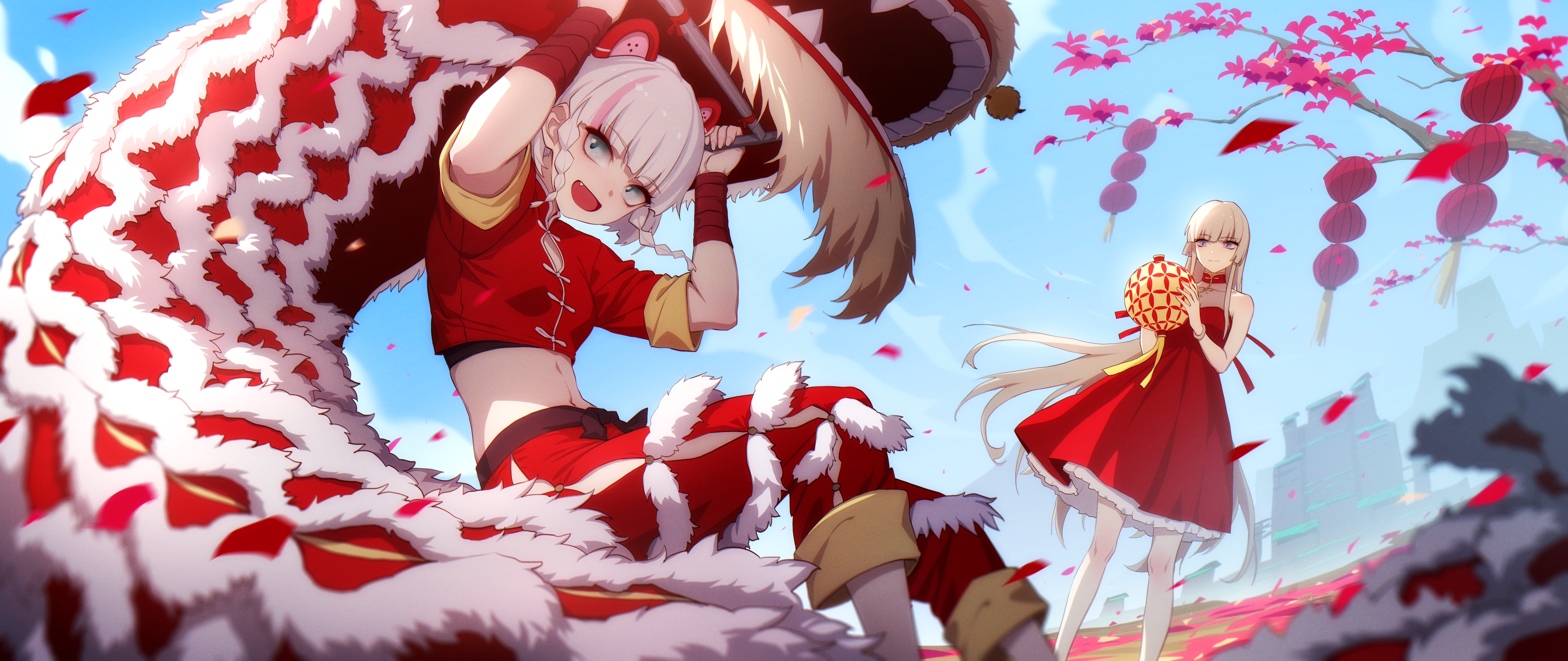 Anime Anime Girls Thankstar404 Original Characters Dragon Simple Background Blonde Silver Hair 5926x2500