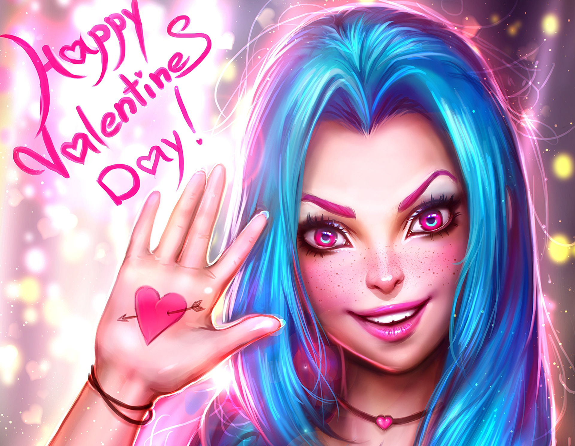 Blue Hair Face Girl Happy Valentine 039 S Day Jinx League Of Legends League Of Legends Lipstick Pink 1920x1488
