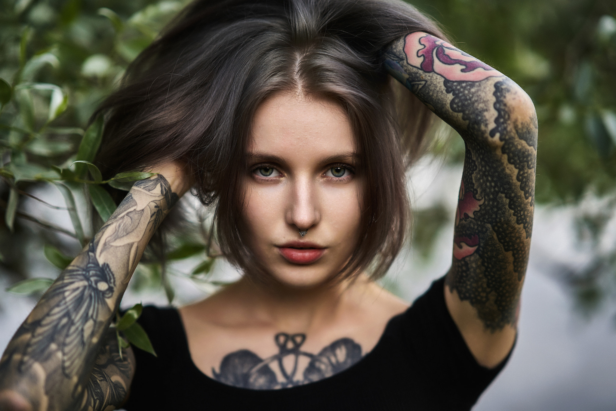 Blue Eyes Brunette Face Girl Model Tattoo Woman 2048x1366
