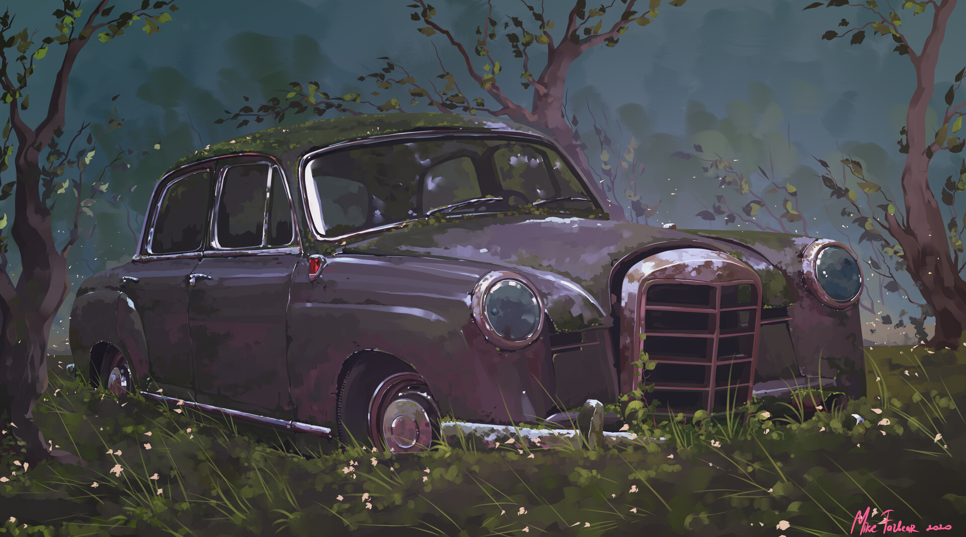 Abandoned Car Retro Car Overgrown Abandoned Car Mike Fazbear Trees Vehicle Illustration Flowers Gras 1920x1067