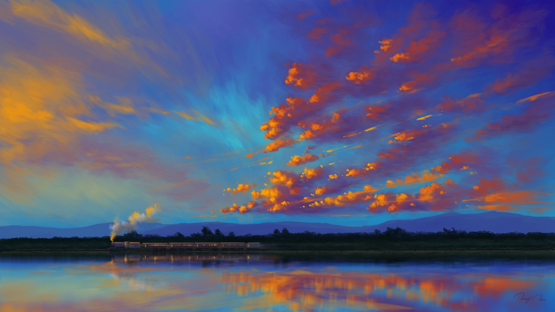 Digital Painting Landscape Train Clouds Sky Refraction BisBiswas 1920x1080