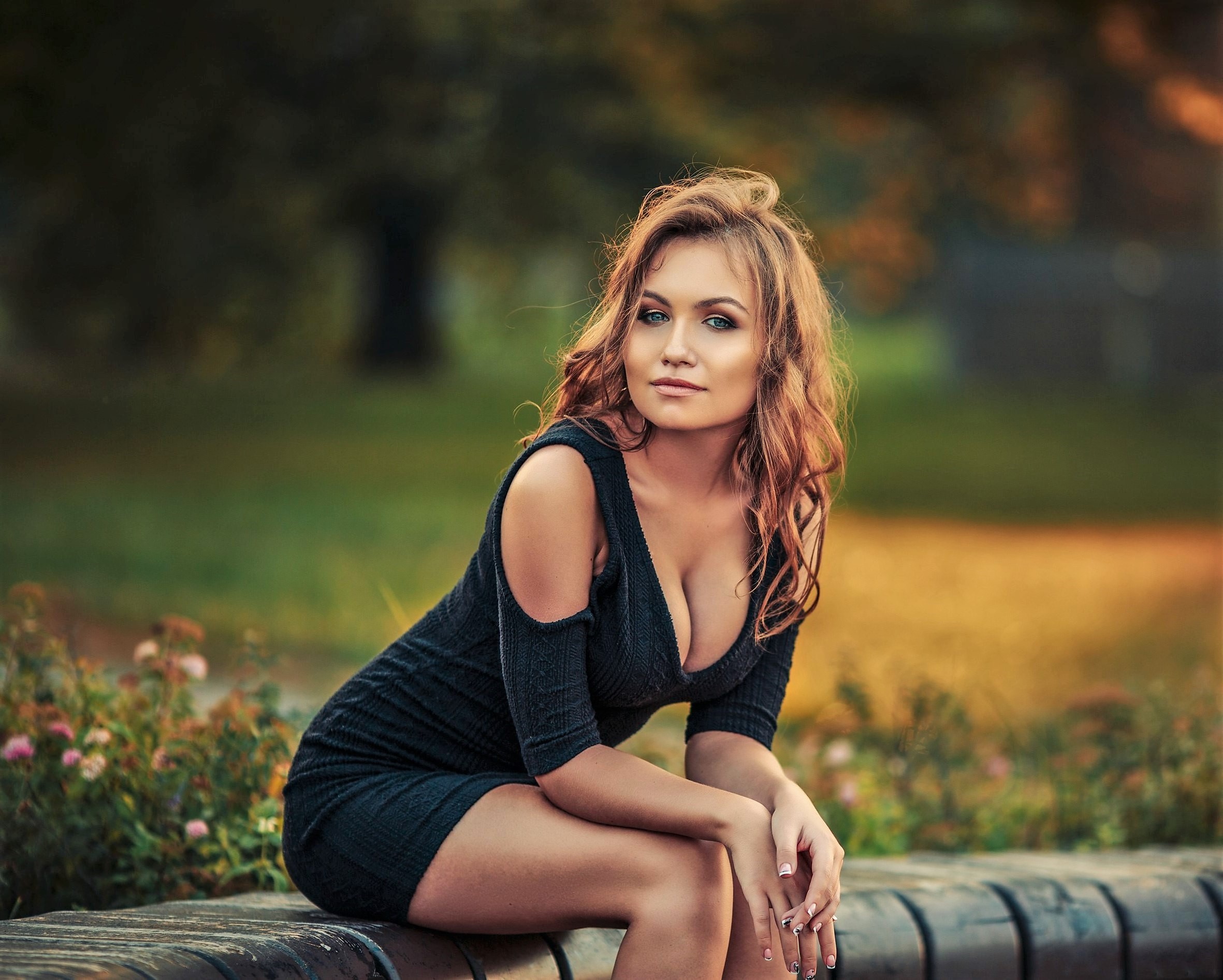 Women Long Hair Women Outdoors Model Black Dress Sitting Depth Of Field Park Looking At Viewer Trees 2362x1893