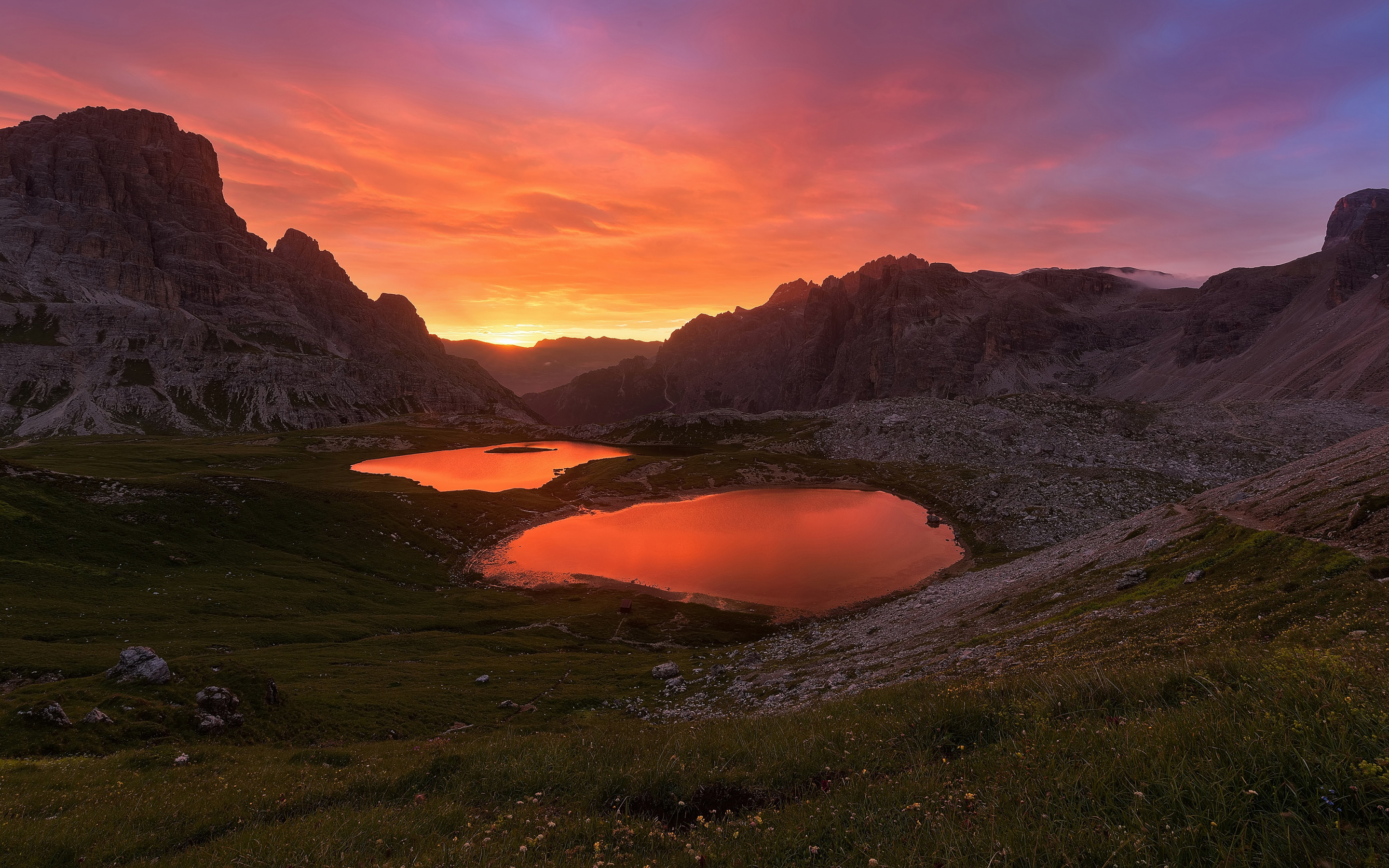 Dolomites Evening Italy Lake Mountain Rock Sunset 2880x1800
