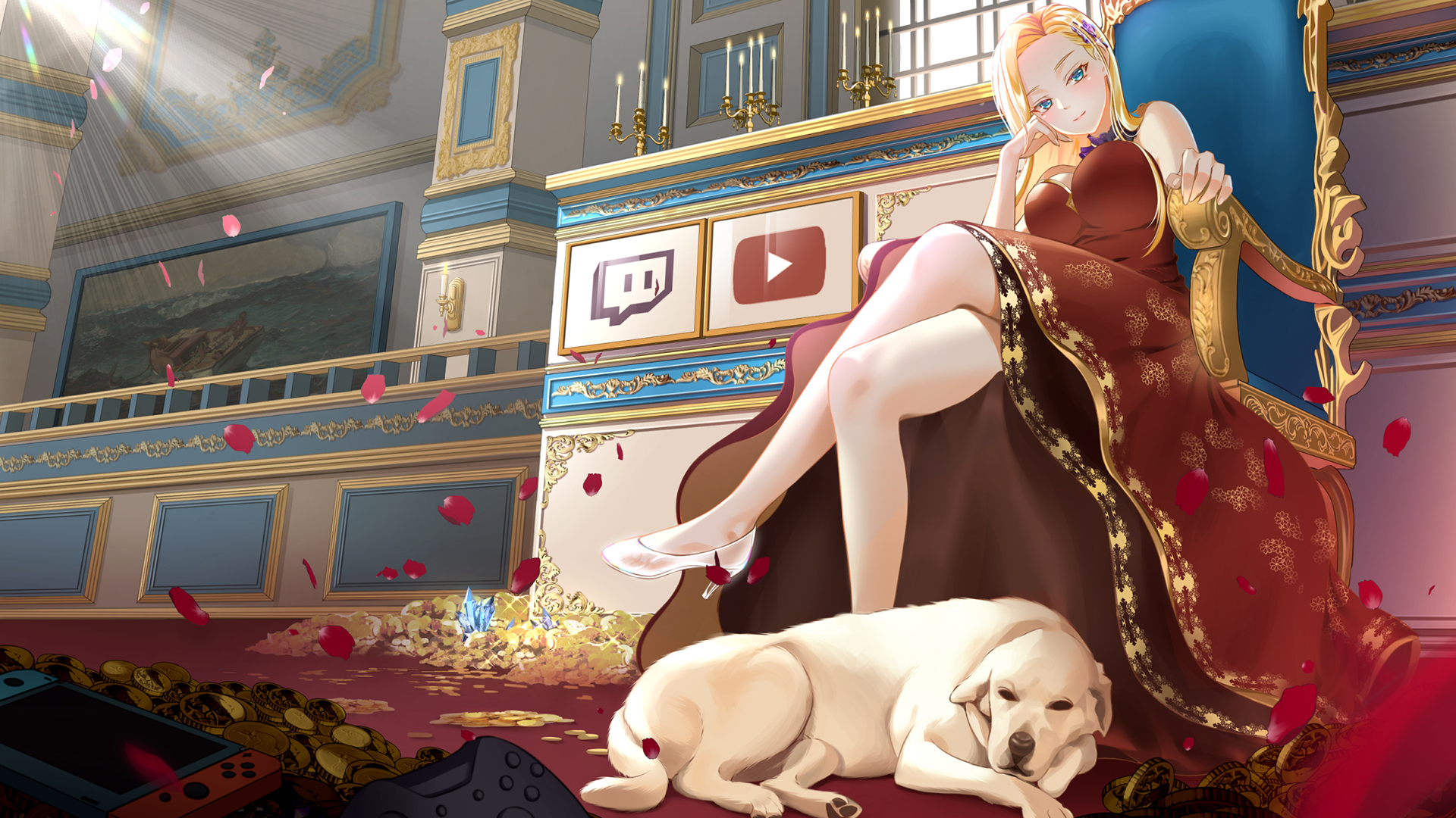 Long Hair Dog Blonde Coins Dress Blue Eyes Rose Petals Twitch YouTube Switch Low Angle Anime Girls G 1920x1080